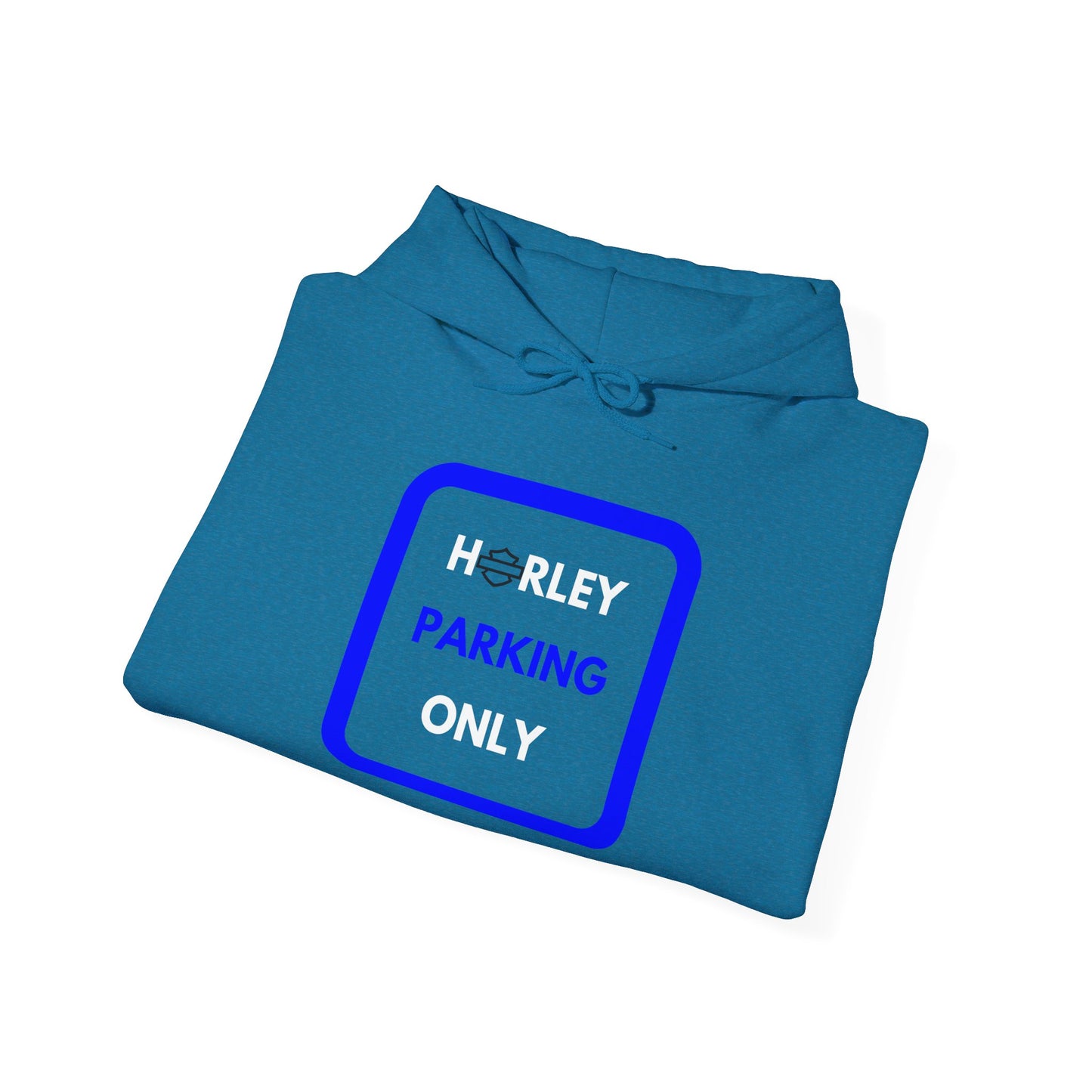 Biker Hoodie: Black Harley Parking Only w/White/Blue Lettering