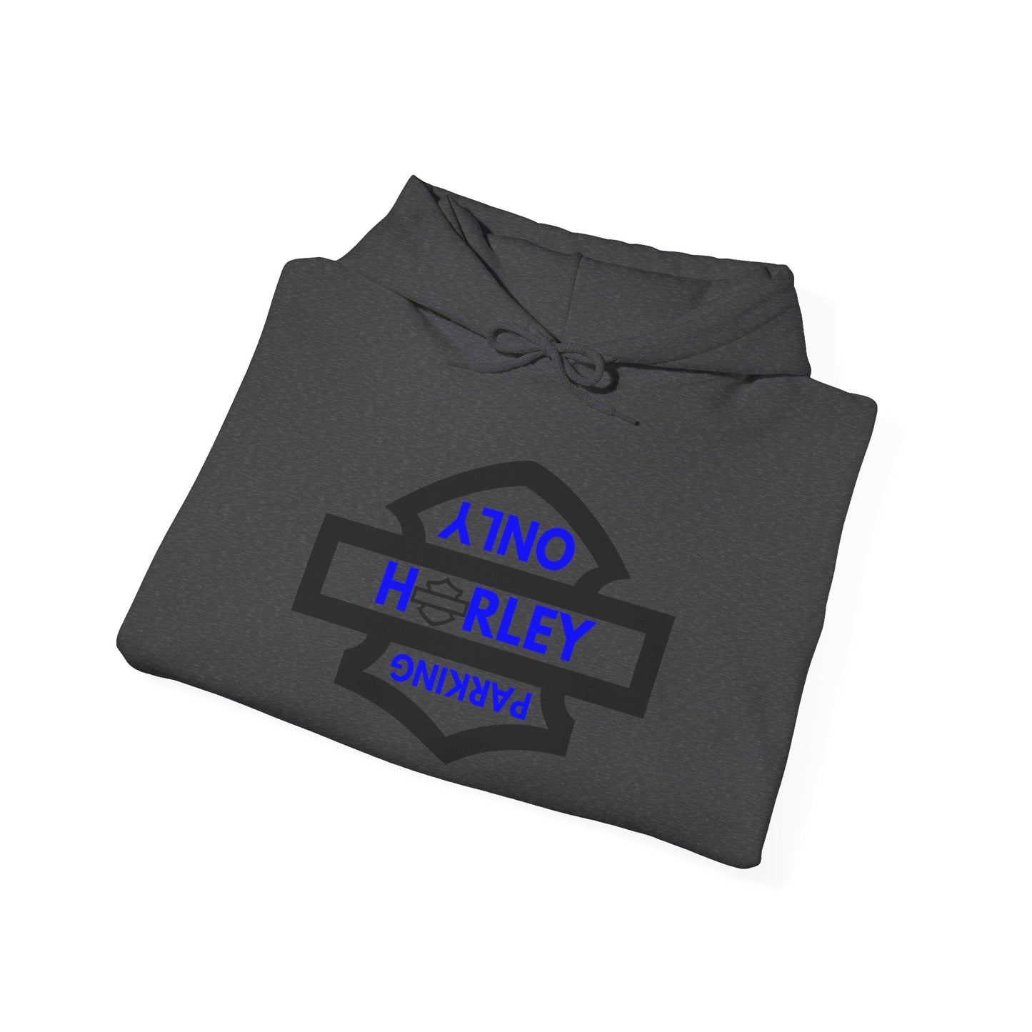 Biker Hoodie: Black Harley Parking Only Upside Down w/Blue Lettering