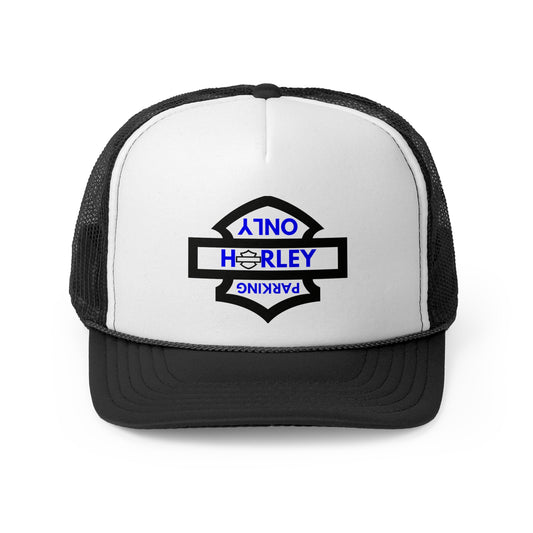 Biker Hat: Black Harley Parking Only w/Blue Lettering
