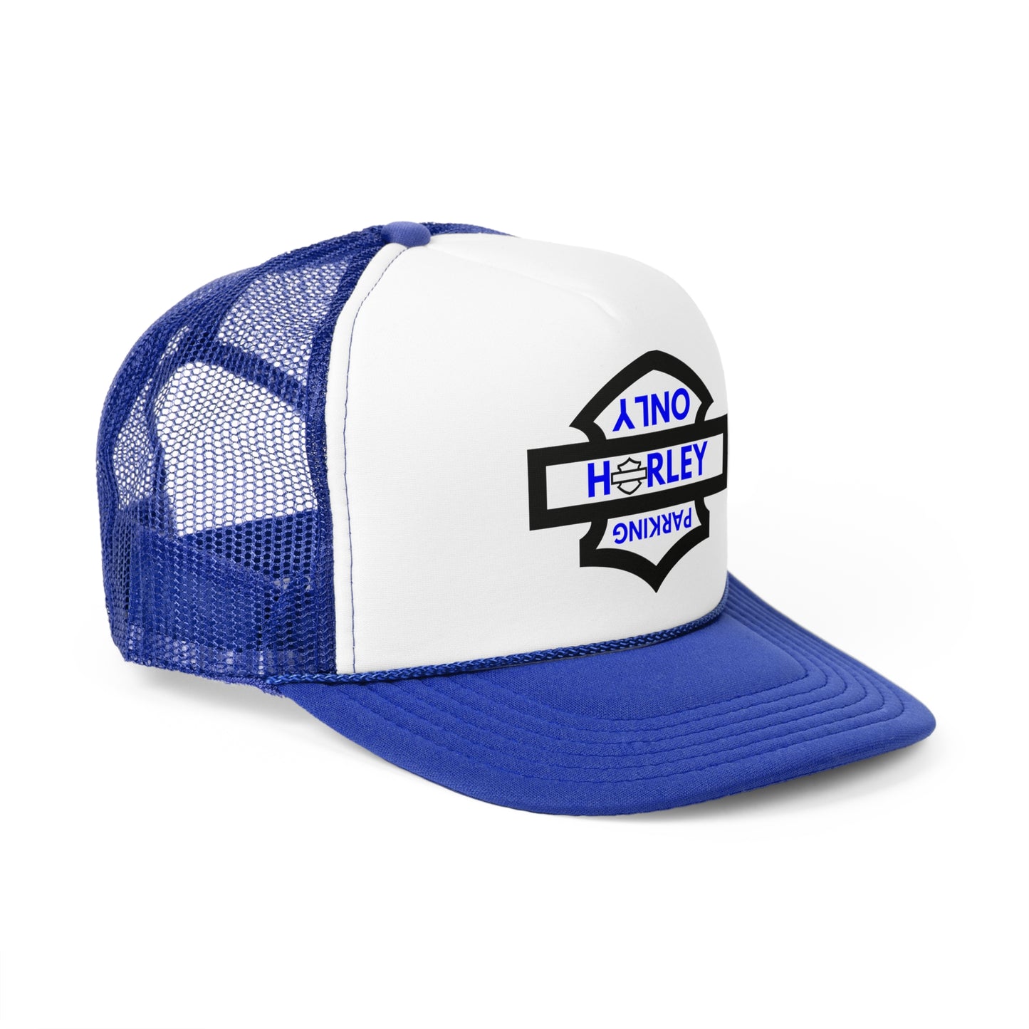 Biker Hat: Black Harley Parking Only w/Blue Lettering