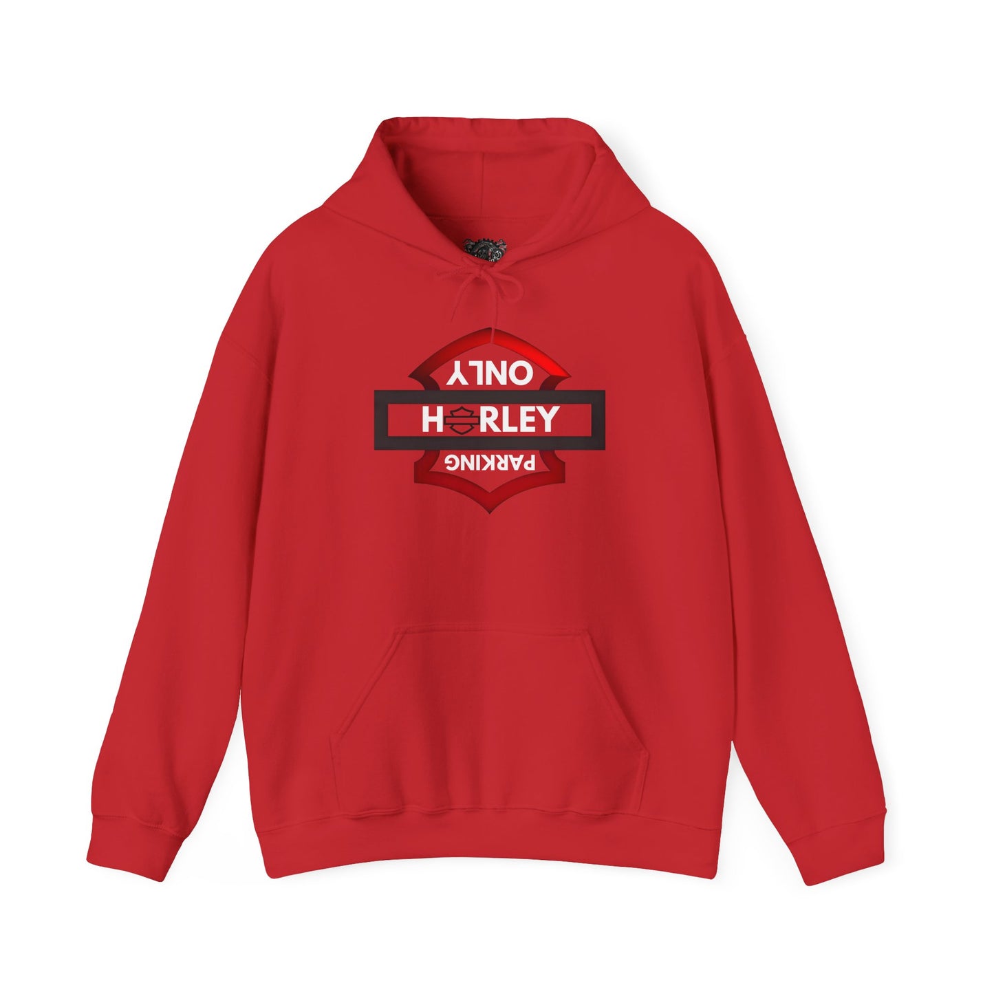 Biker Hoodie: Black/Red Harley Parking Only Upside Down w/White Lettering