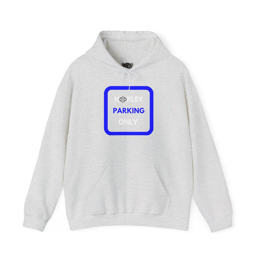Biker Hoodie: Black Harley Parking Only w/White/Blue Lettering