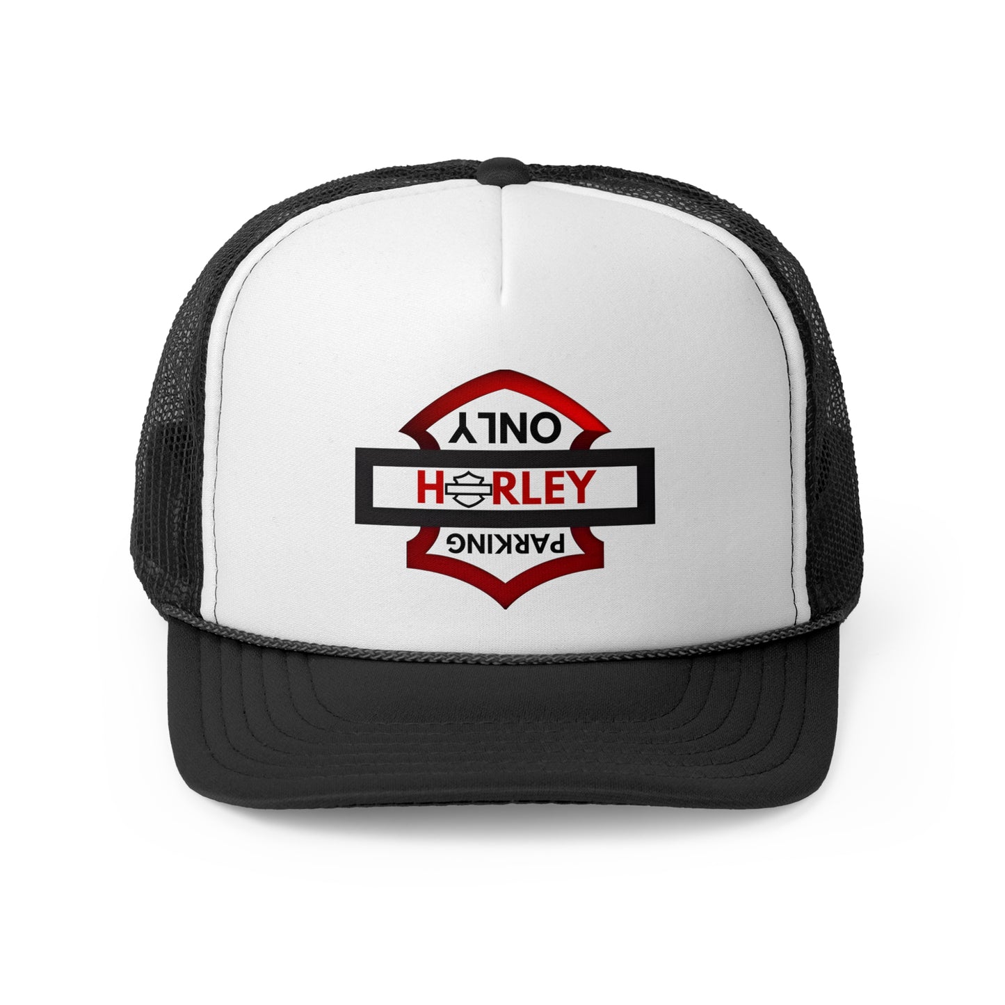 Biker Hat: Black/Red Harley Parking Only w/Red Lettering