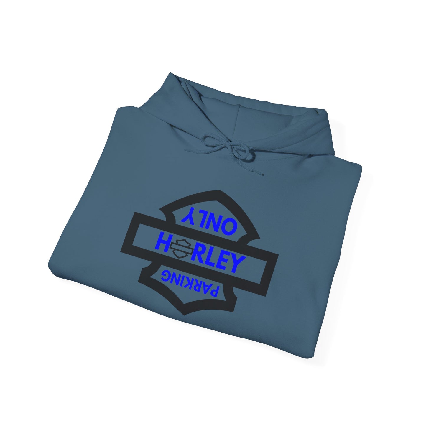 Biker Hoodie: Black Harley Parking Only Upside Down w/Blue Lettering