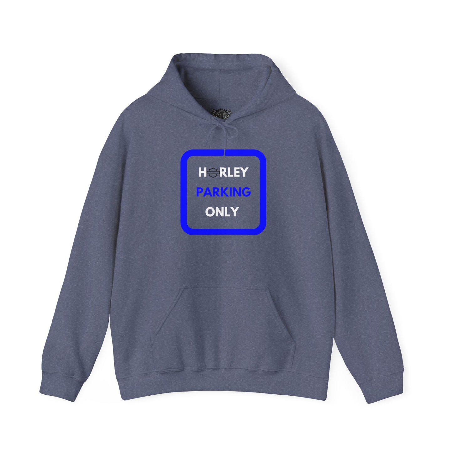 Biker Hoodie: Black Harley Parking Only w/White/Blue Lettering