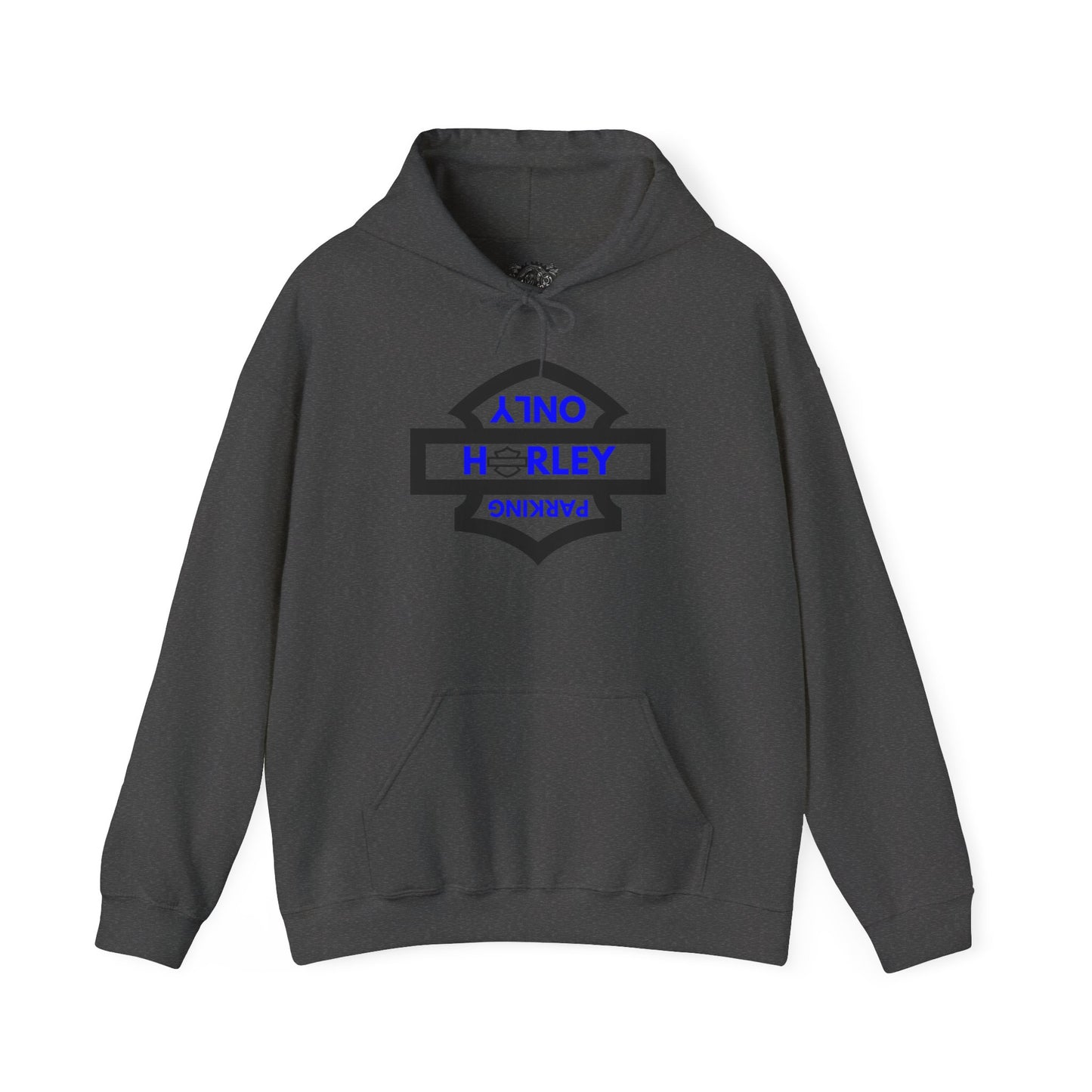 Biker Hoodie: Black Harley Parking Only Upside Down w/Blue Lettering