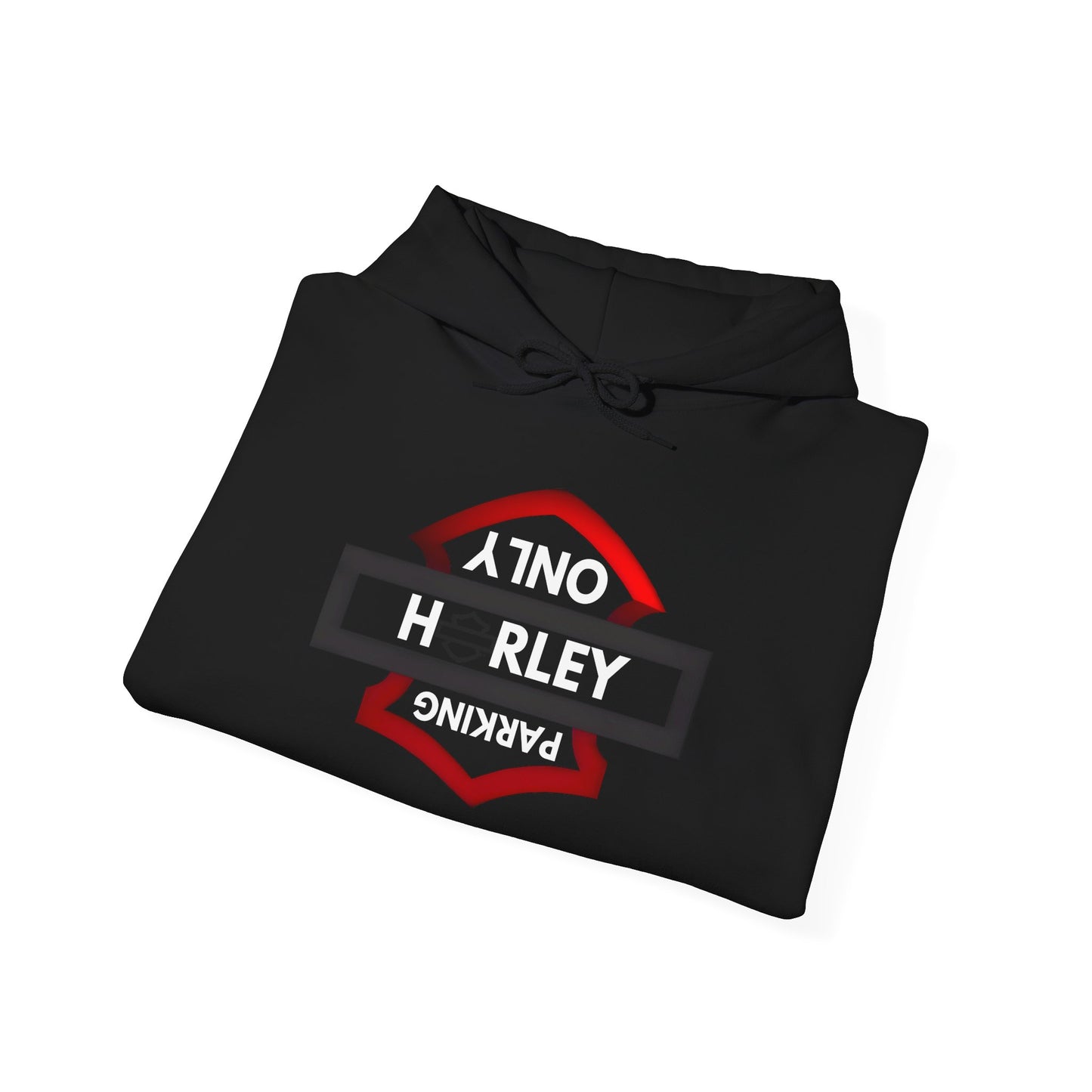 Biker Hoodie: Black/Red Harley Parking Only Upside Down w/White Lettering