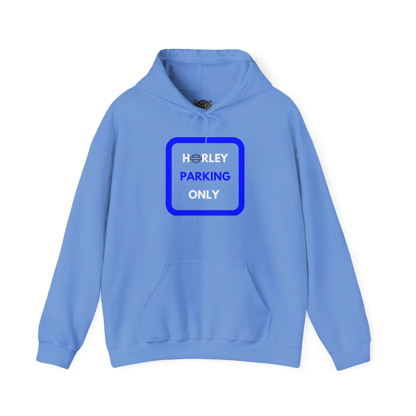 Biker Hoodie: Black Harley Parking Only w/White/Blue Lettering