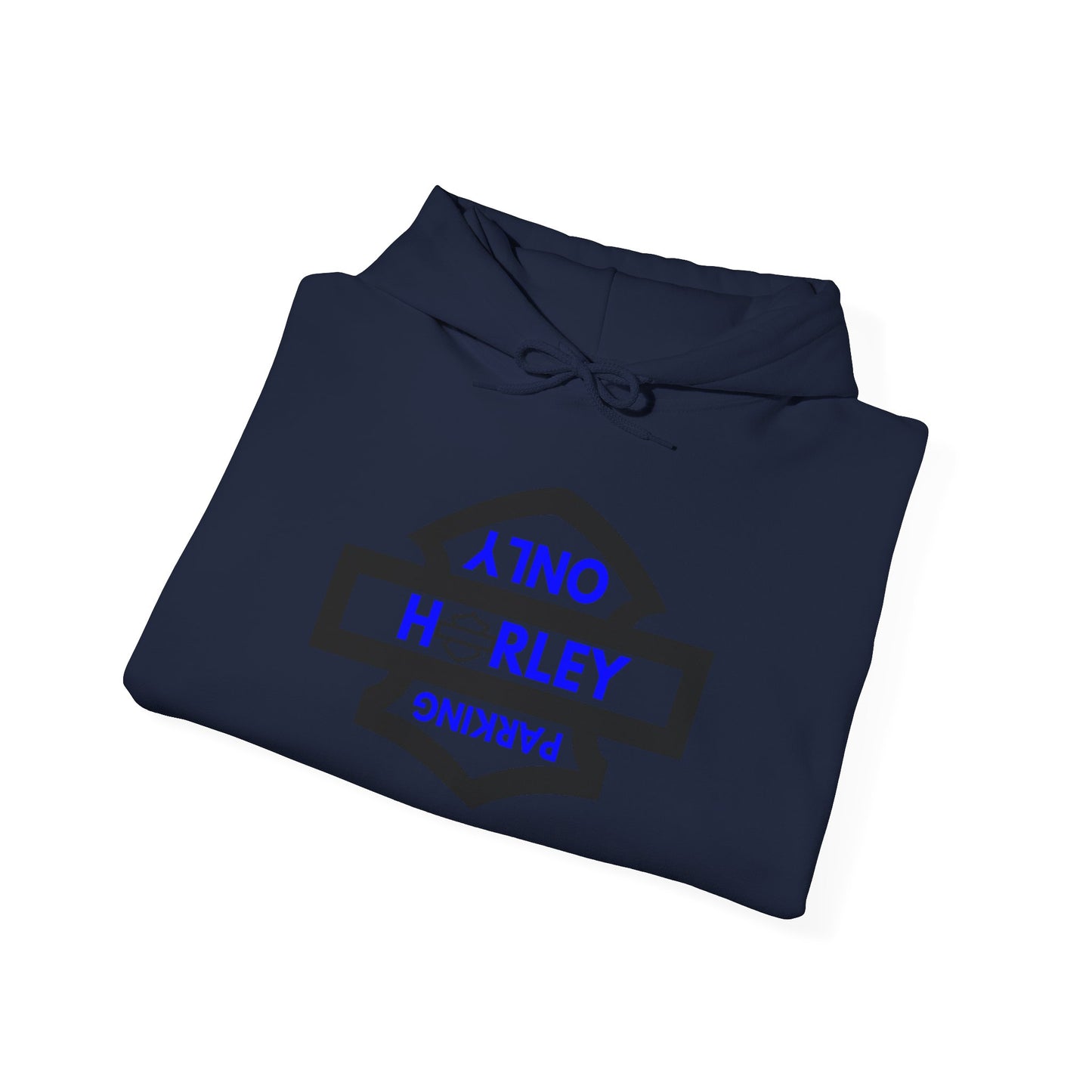 Biker Hoodie: Black Harley Parking Only Upside Down w/Blue Lettering