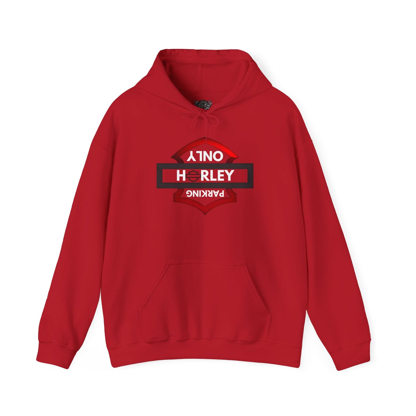 Biker Hoodie: Black/Red Harley Parking Only Upside Down w/White Lettering