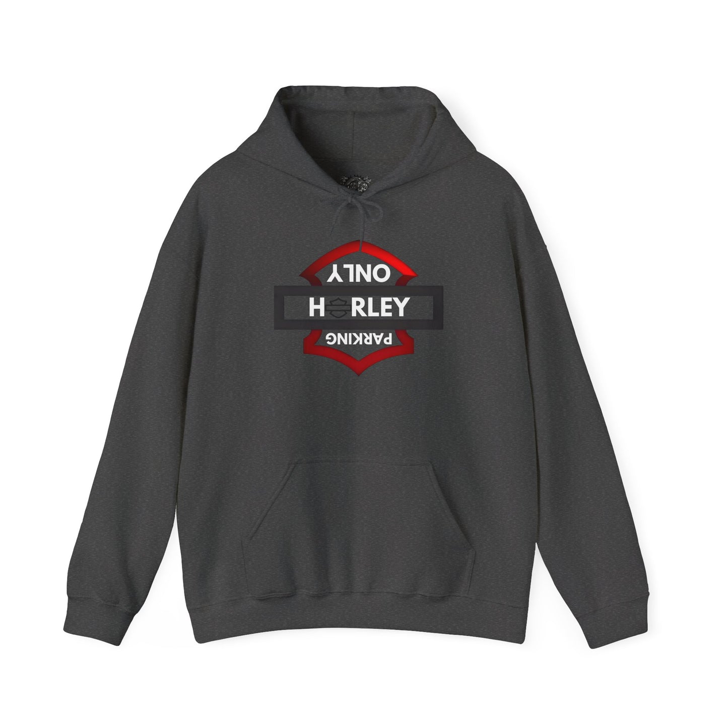 Biker Hoodie: Black/Red Harley Parking Only Upside Down w/White Lettering