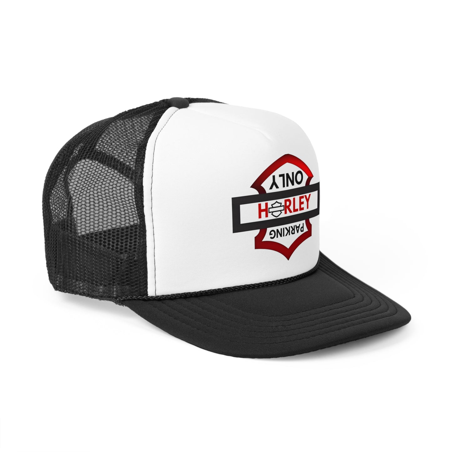Biker Hat: Black/Red Harley Parking Only w/Red Lettering