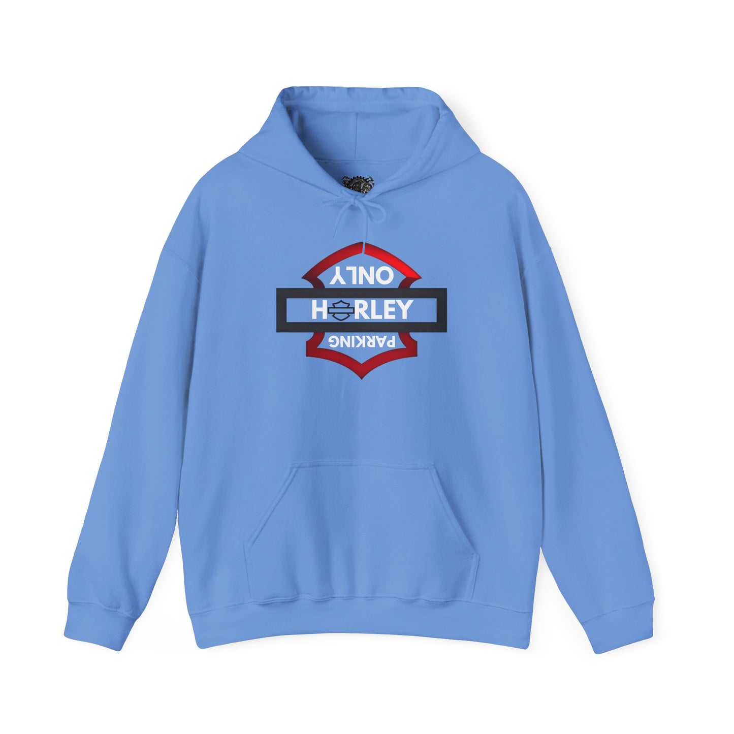 Biker Hoodie: Black/Red Harley Parking Only Upside Down w/White Lettering