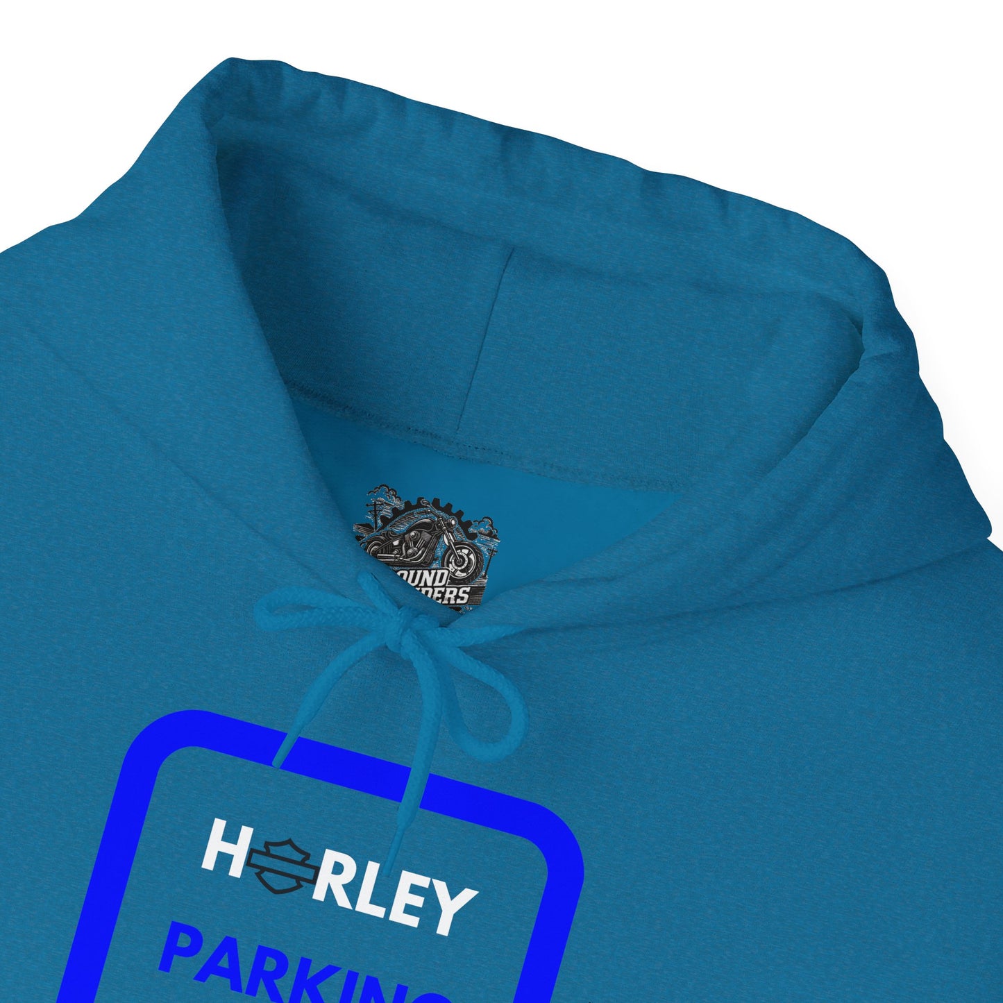 Biker Hoodie: Black Harley Parking Only w/White/Blue Lettering