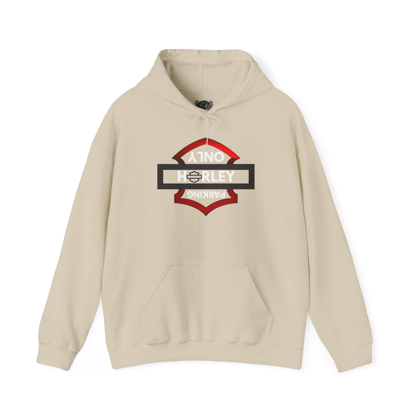 Biker Hoodie: Black/Red Harley Parking Only Upside Down w/White Lettering