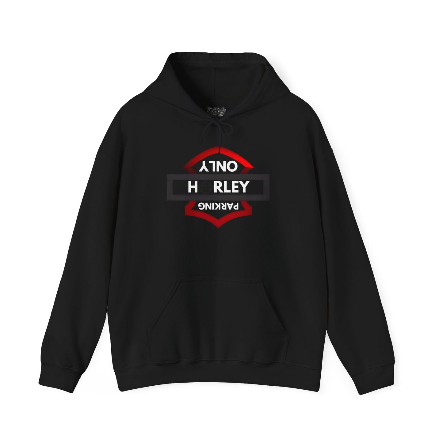 Biker Hoodie: Black/Red Harley Parking Only Upside Down w/White Lettering