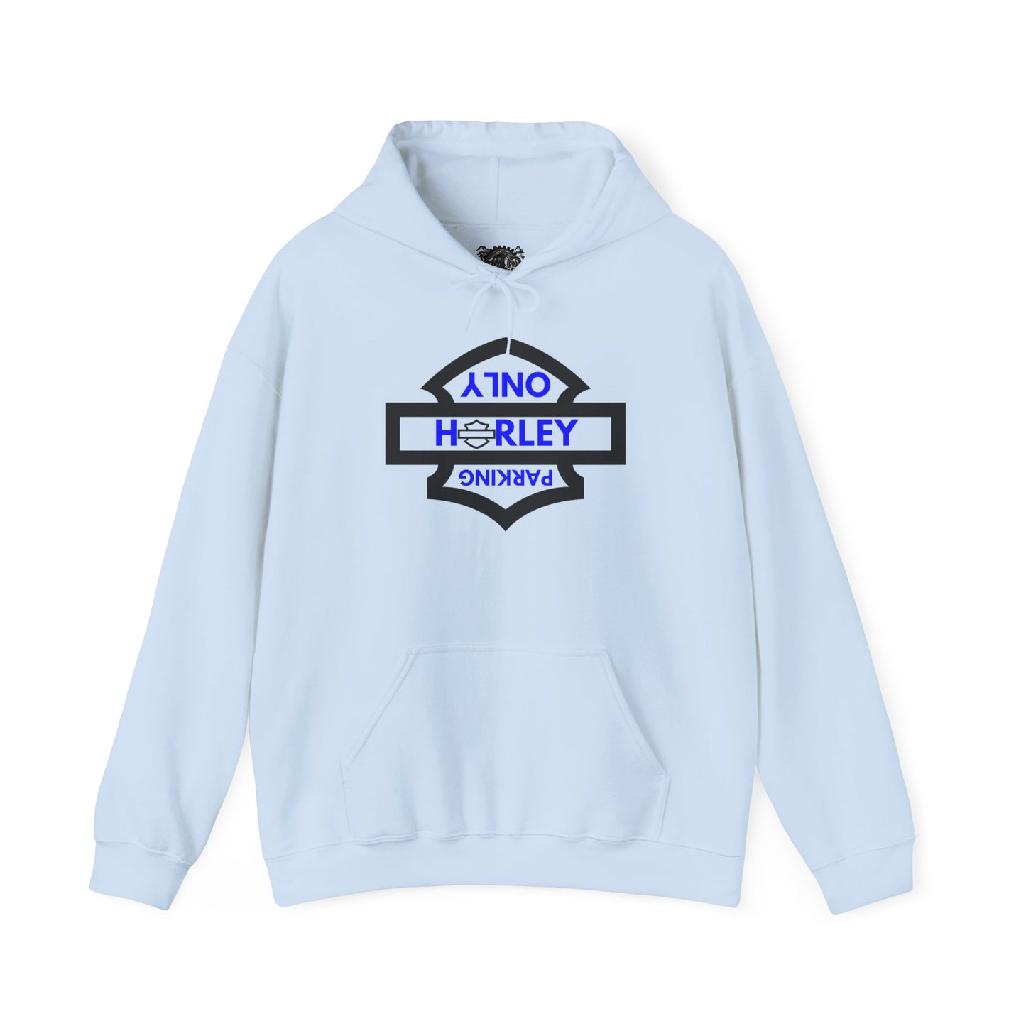 Biker Hoodie: Black Harley Parking Only Upside Down w/Blue Lettering