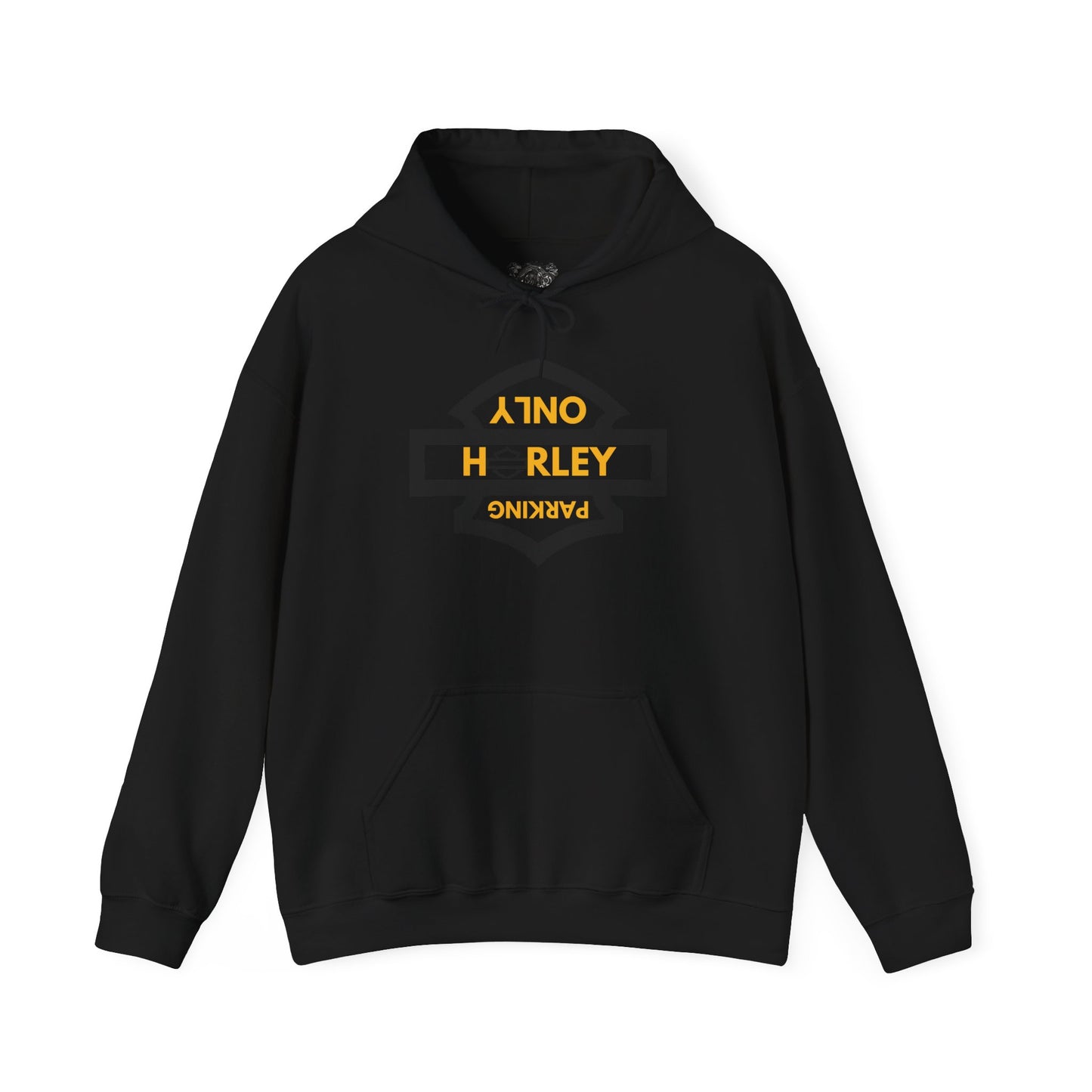 Biker Hoodie: Black Harley Parking Only Upside Down w/Gold Lettering