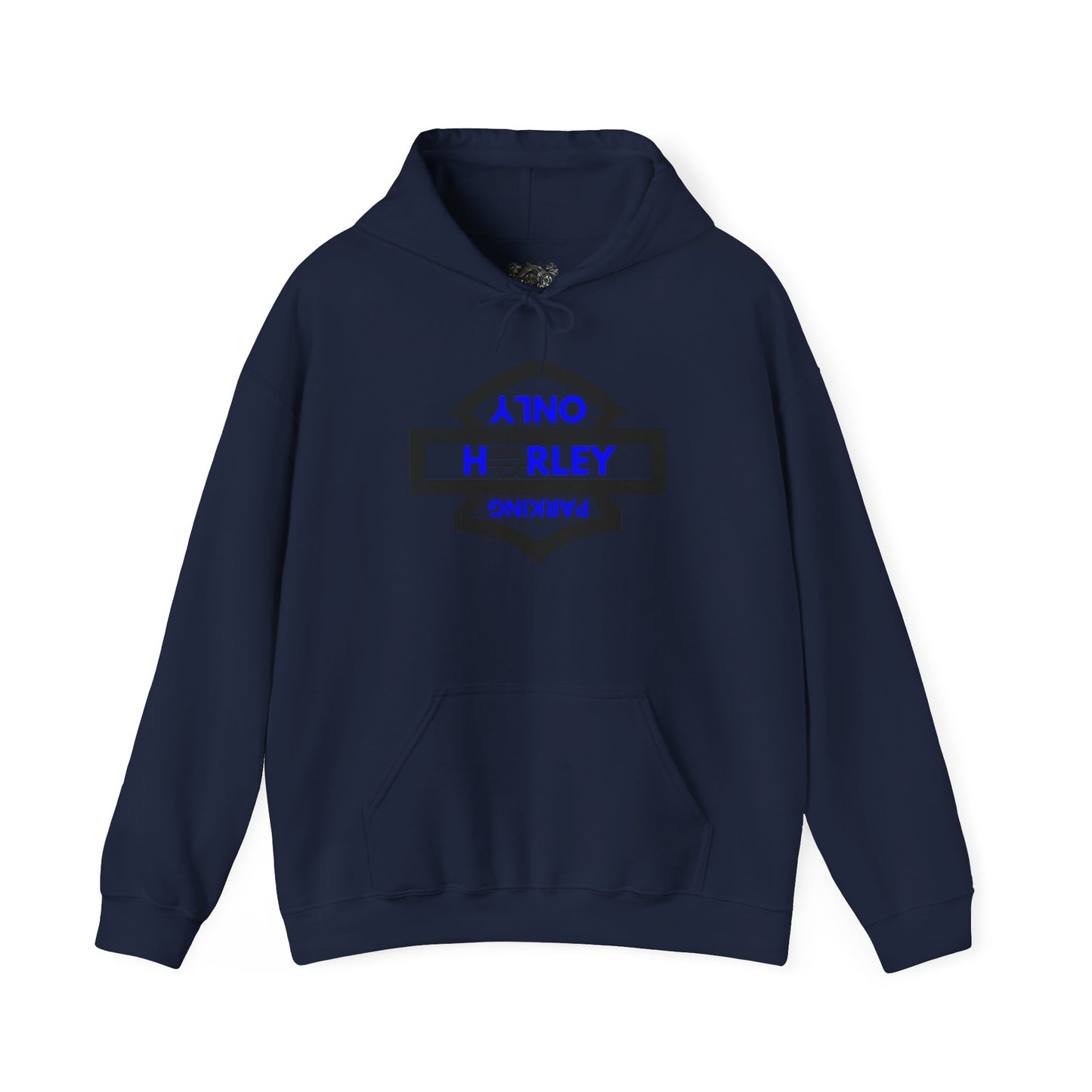 Biker Hoodie: Black Harley Parking Only Upside Down w/Blue Lettering
