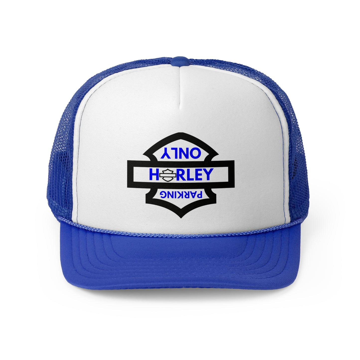 Biker Hat: Black Harley Parking Only w/Blue Lettering