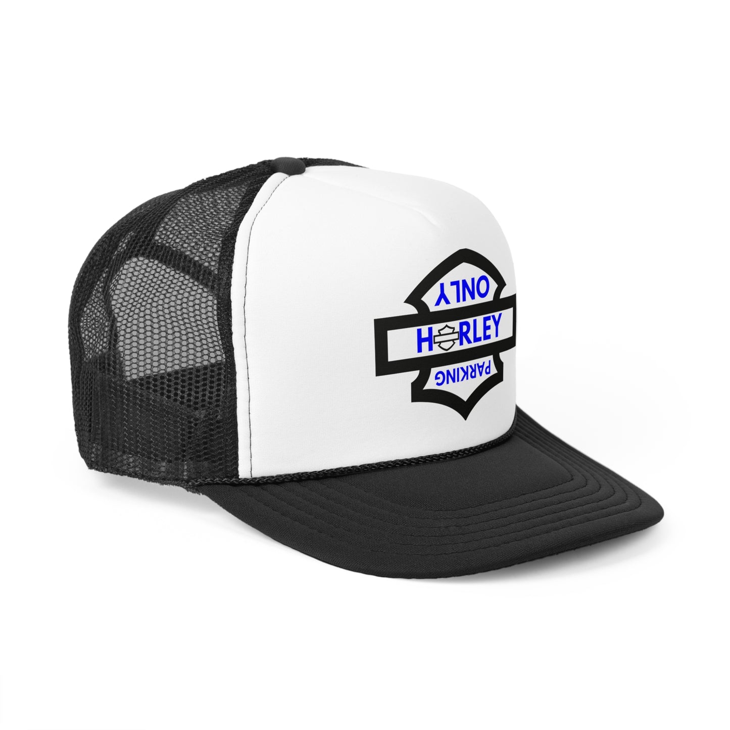 Biker Hat: Black Harley Parking Only w/Blue Lettering