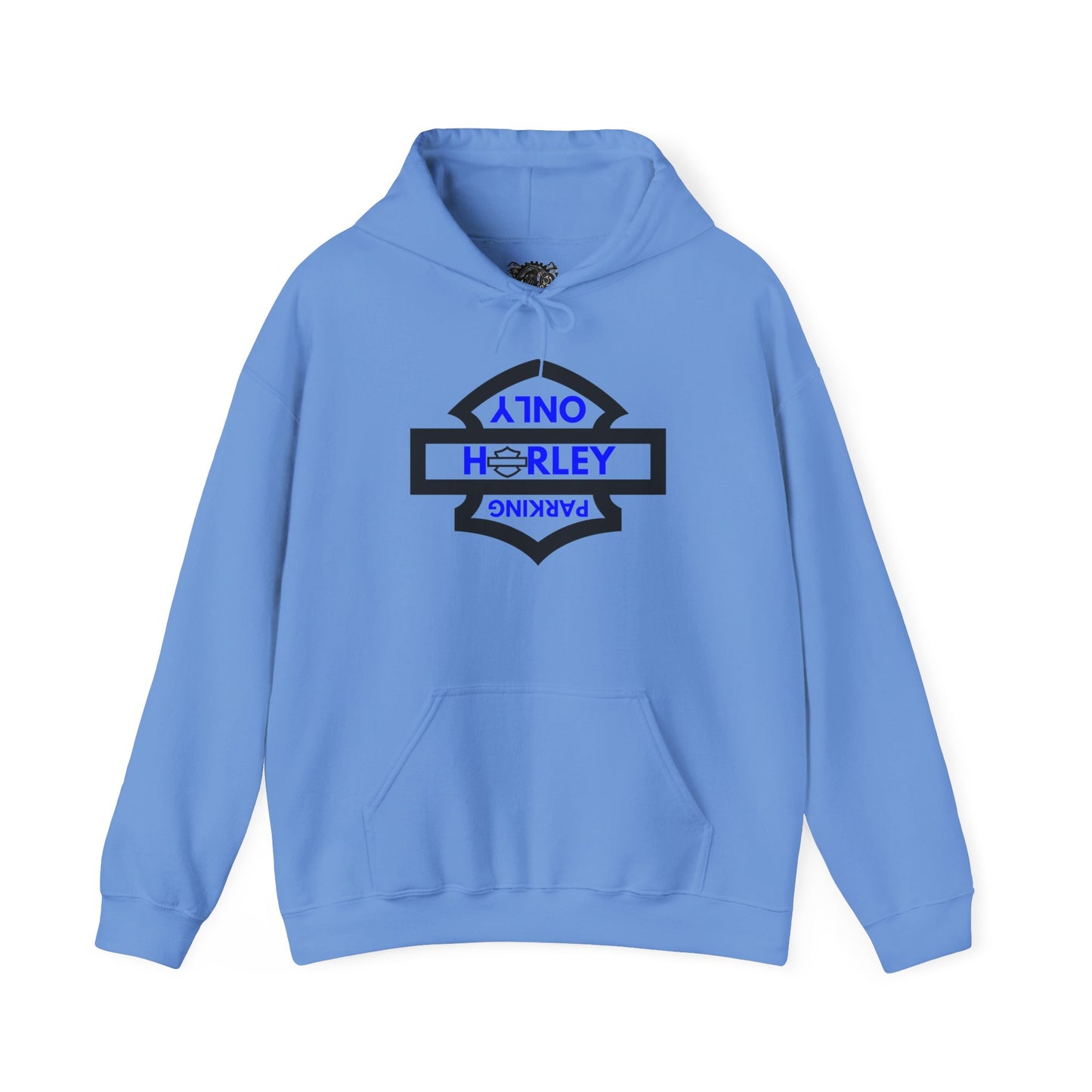 Biker Hoodie: Black Harley Parking Only Upside Down w/Blue Lettering