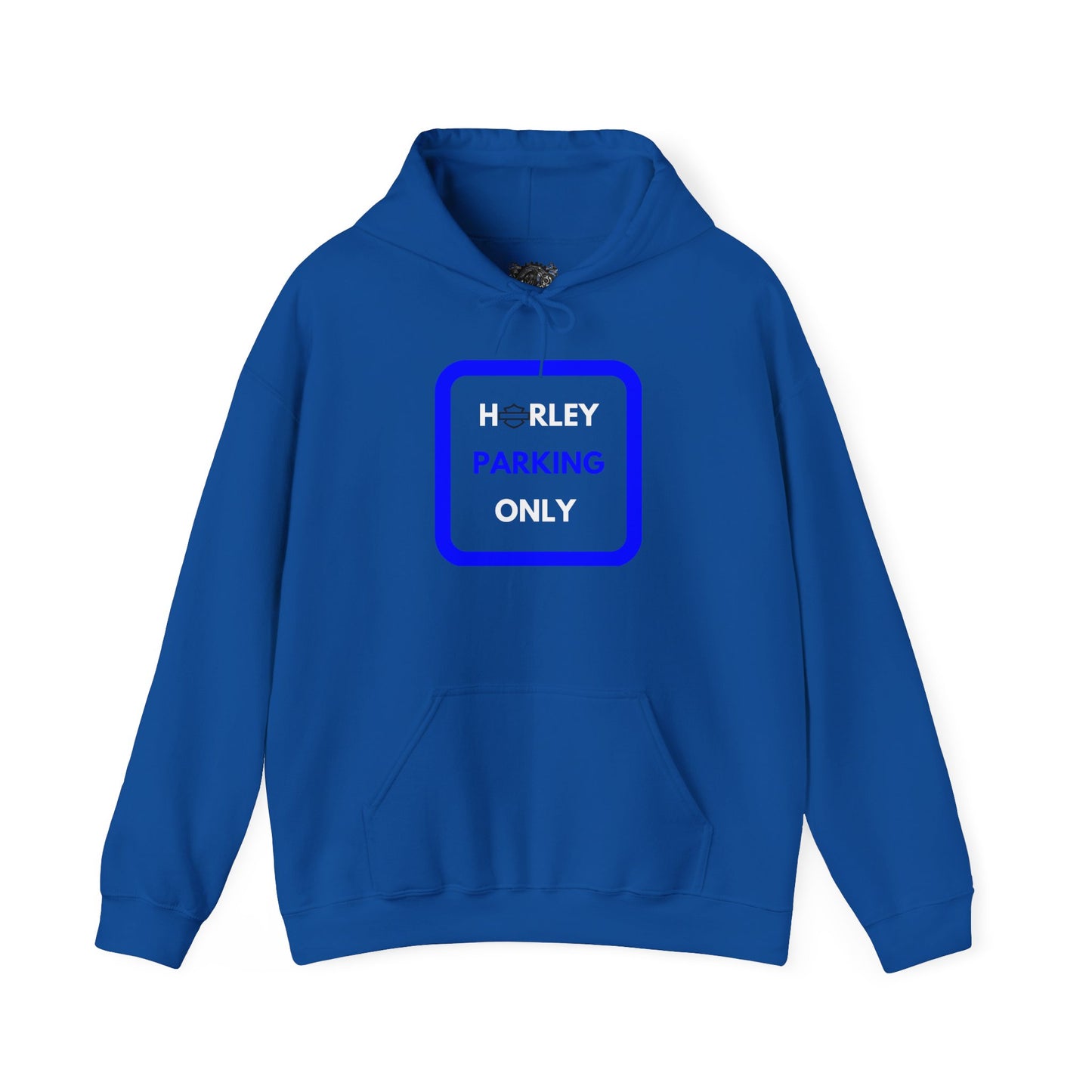 Biker Hoodie: Black Harley Parking Only w/White/Blue Lettering