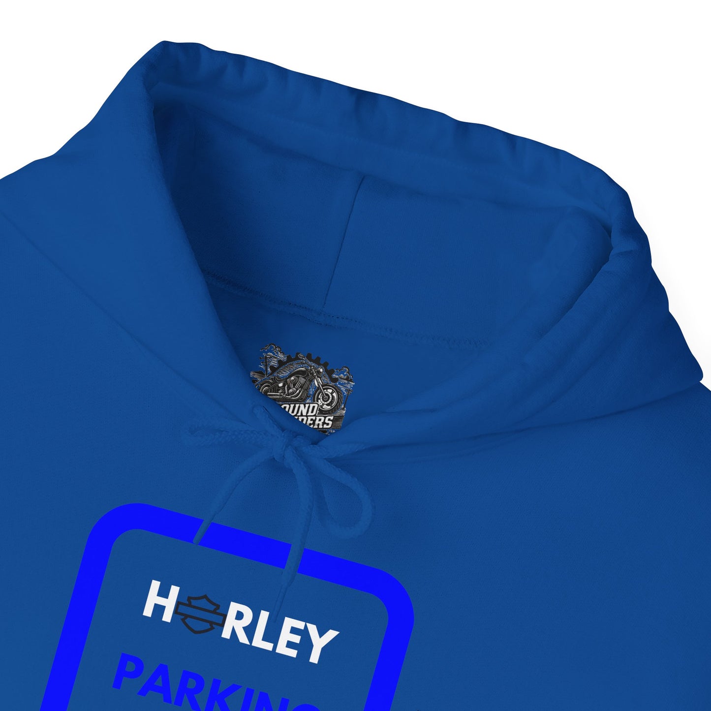 Biker Hoodie: Black Harley Parking Only w/White/Blue Lettering