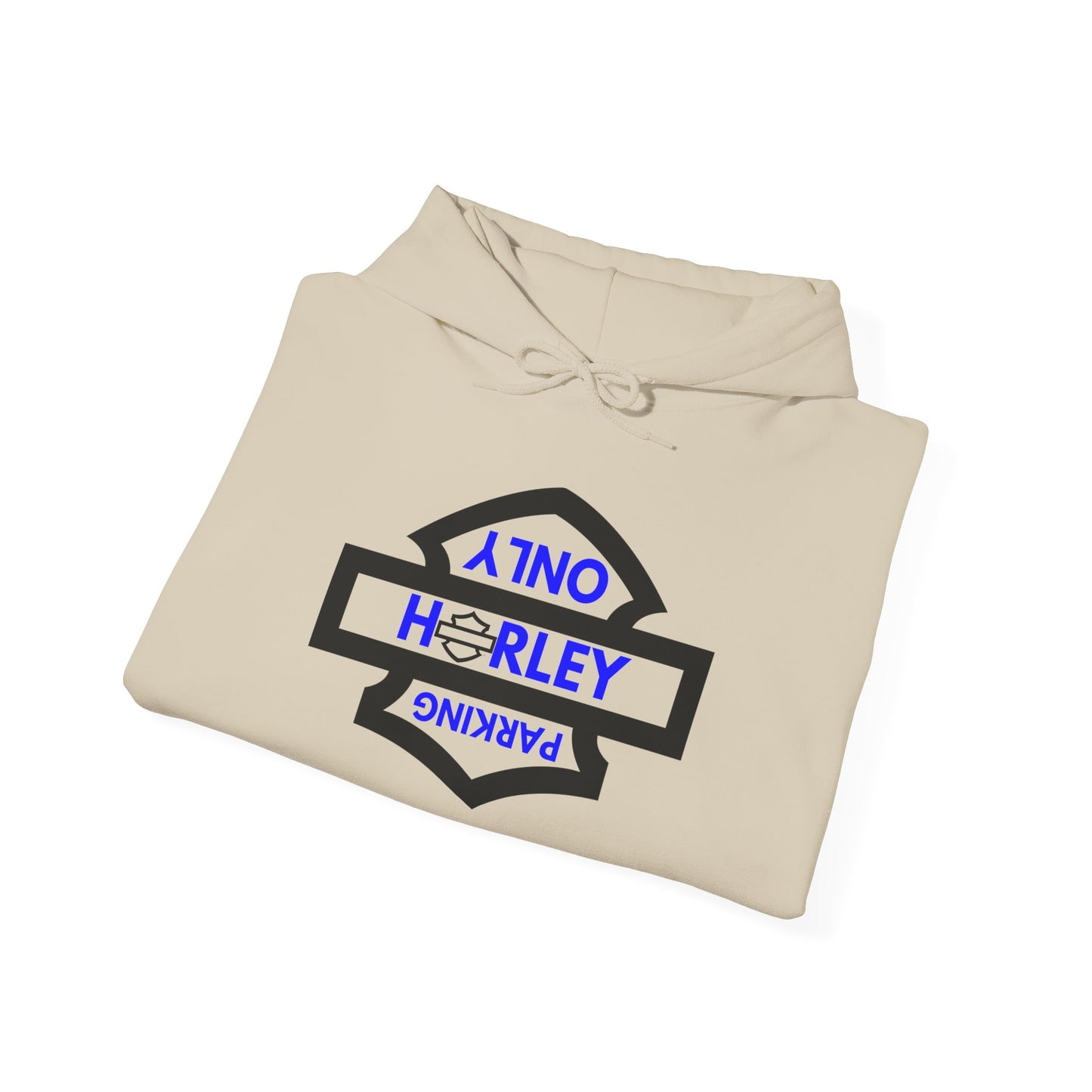 Biker Hoodie: Black Harley Parking Only Upside Down w/Blue Lettering