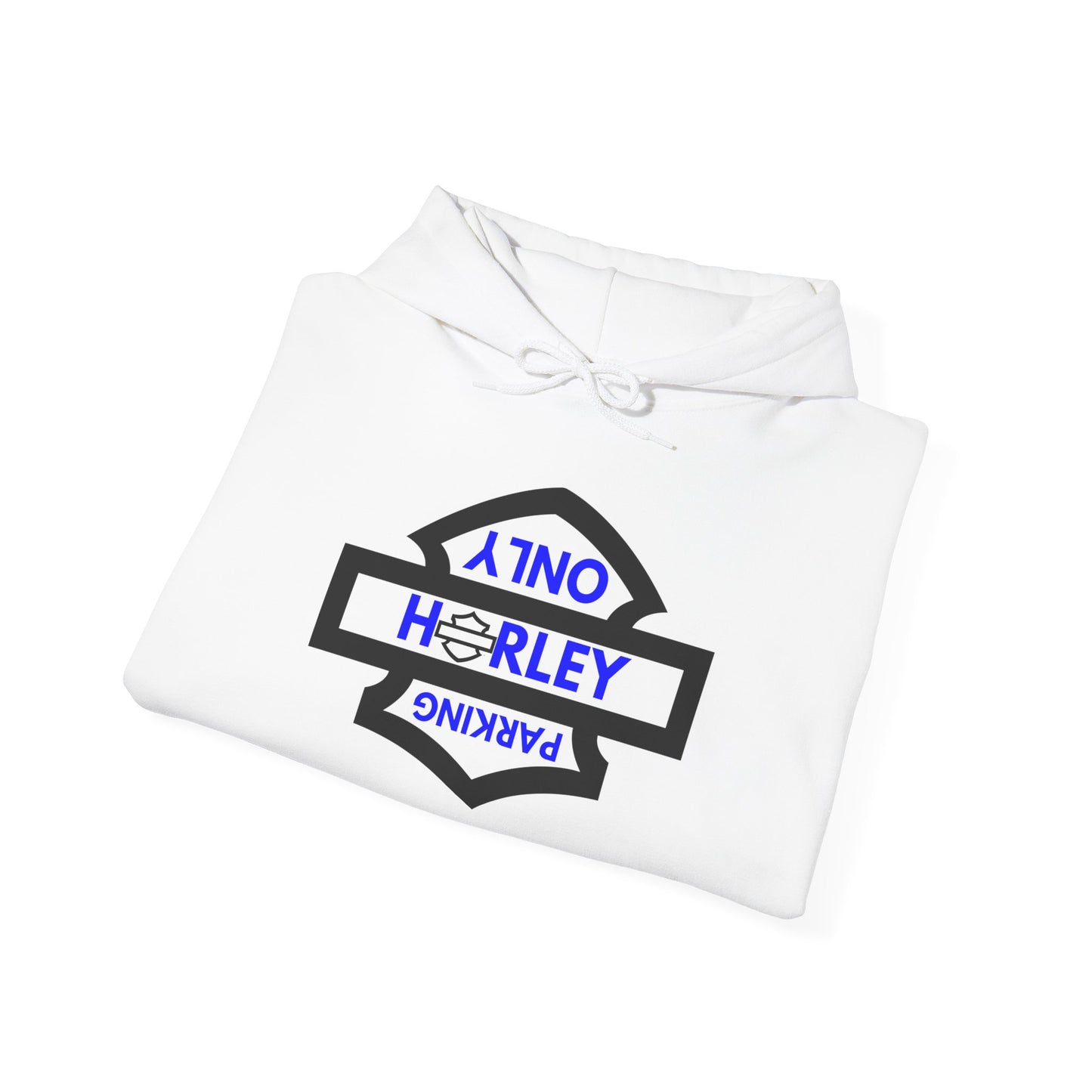 Biker Hoodie: Black Harley Parking Only Upside Down w/Blue Lettering