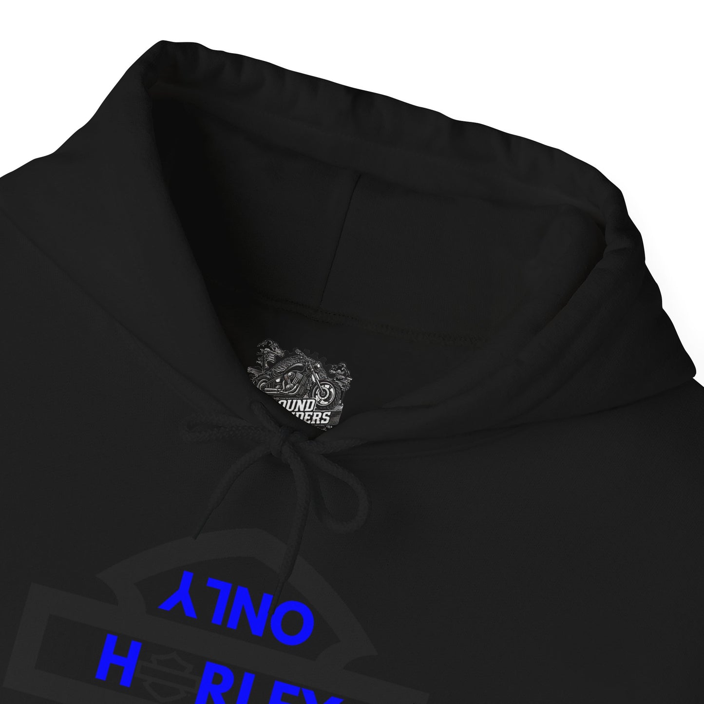 Biker Hoodie: Black Harley Parking Only Upside Down w/Blue Lettering