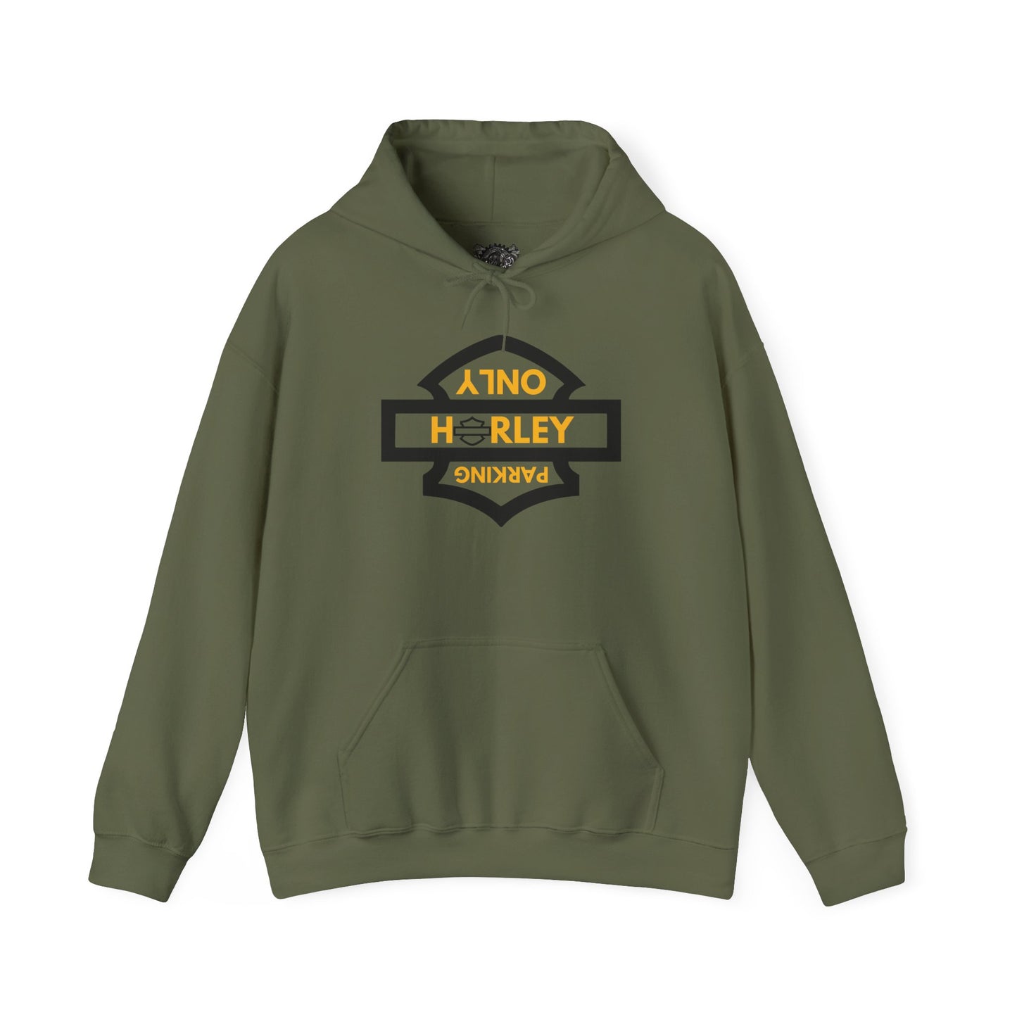 Biker Hoodie: Black Harley Parking Only Upside Down w/Gold Lettering