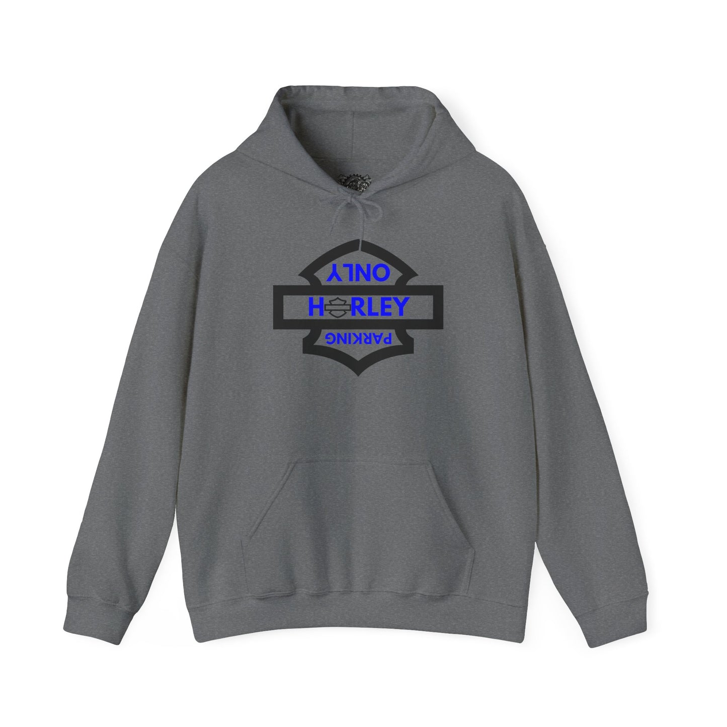 Biker Hoodie: Black Harley Parking Only Upside Down w/Blue Lettering