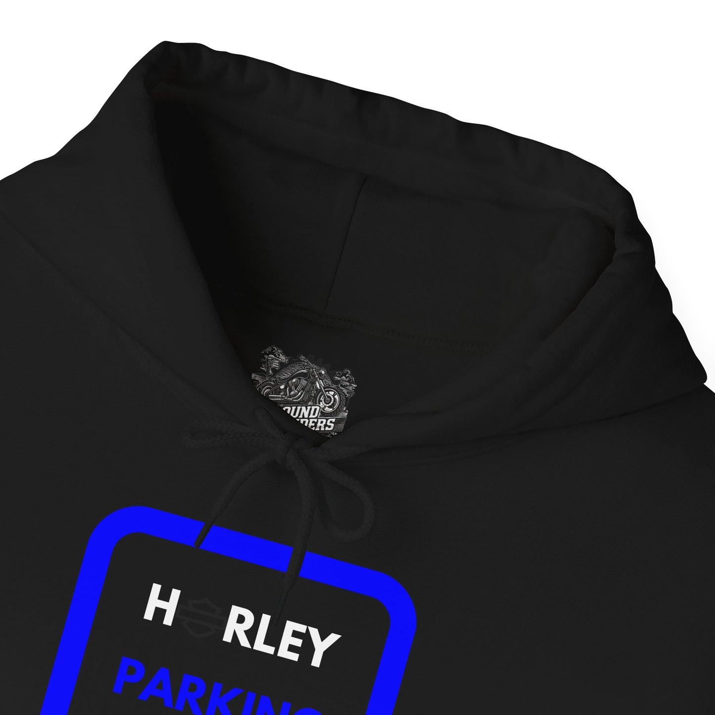 Biker Hoodie: Black Harley Parking Only w/White/Blue Lettering