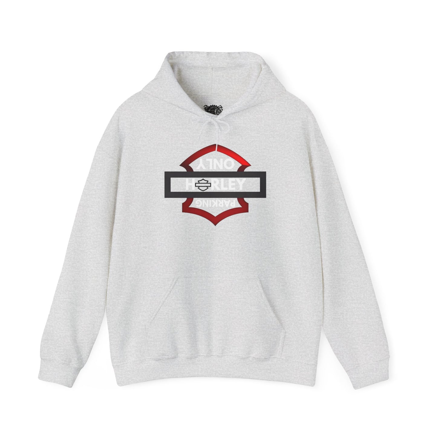 Biker Hoodie: Black/Red Harley Parking Only Upside Down w/White Lettering