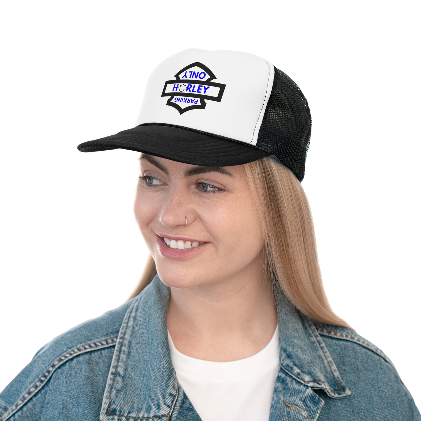 Biker Hat: Black Harley Parking Only w/Blue Lettering