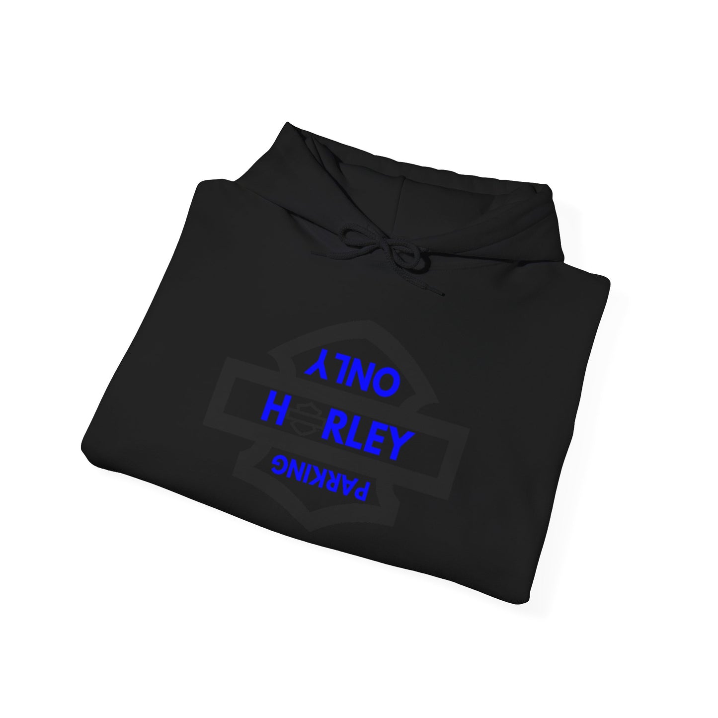 Biker Hoodie: Black Harley Parking Only Upside Down w/Blue Lettering