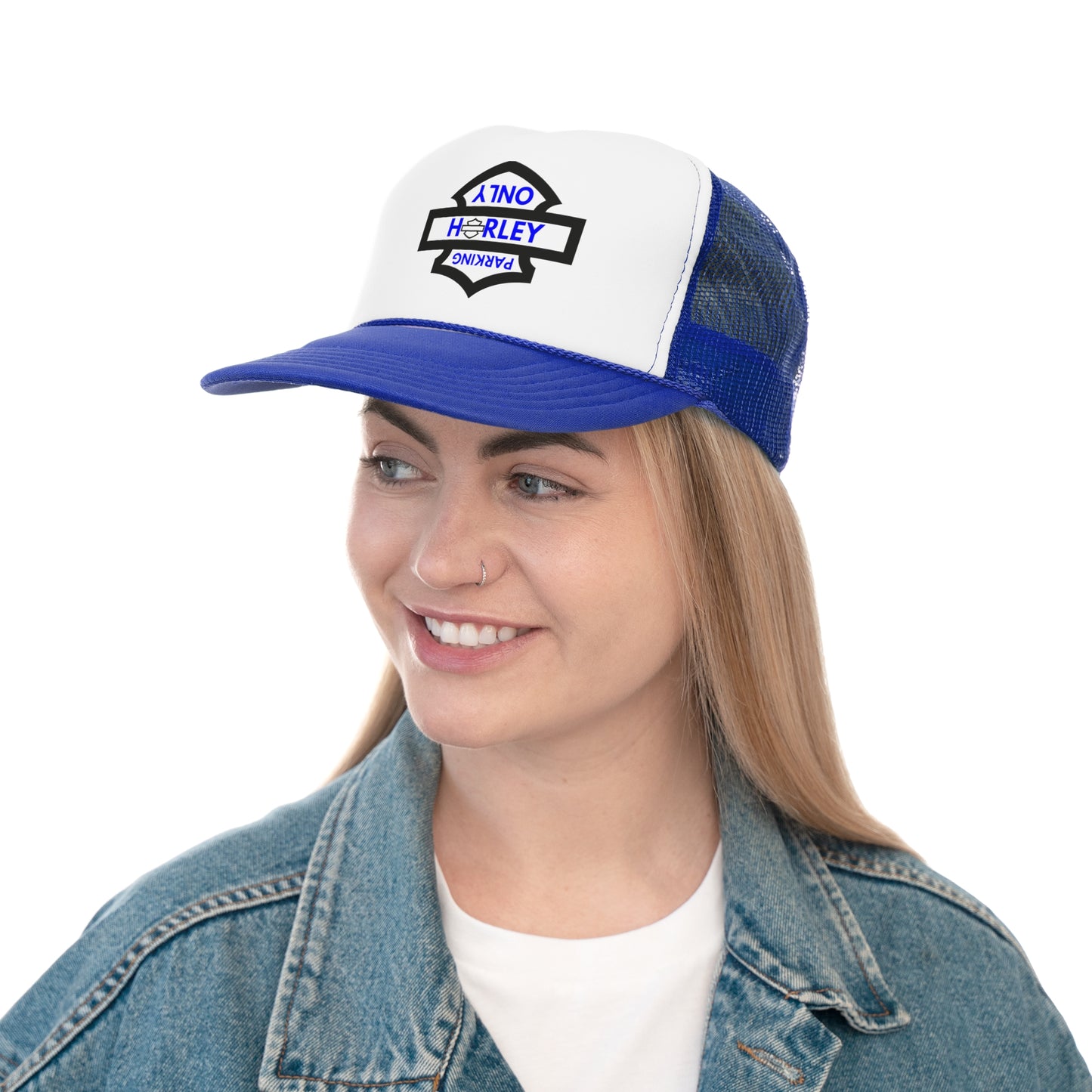 Biker Hat: Black Harley Parking Only w/Blue Lettering