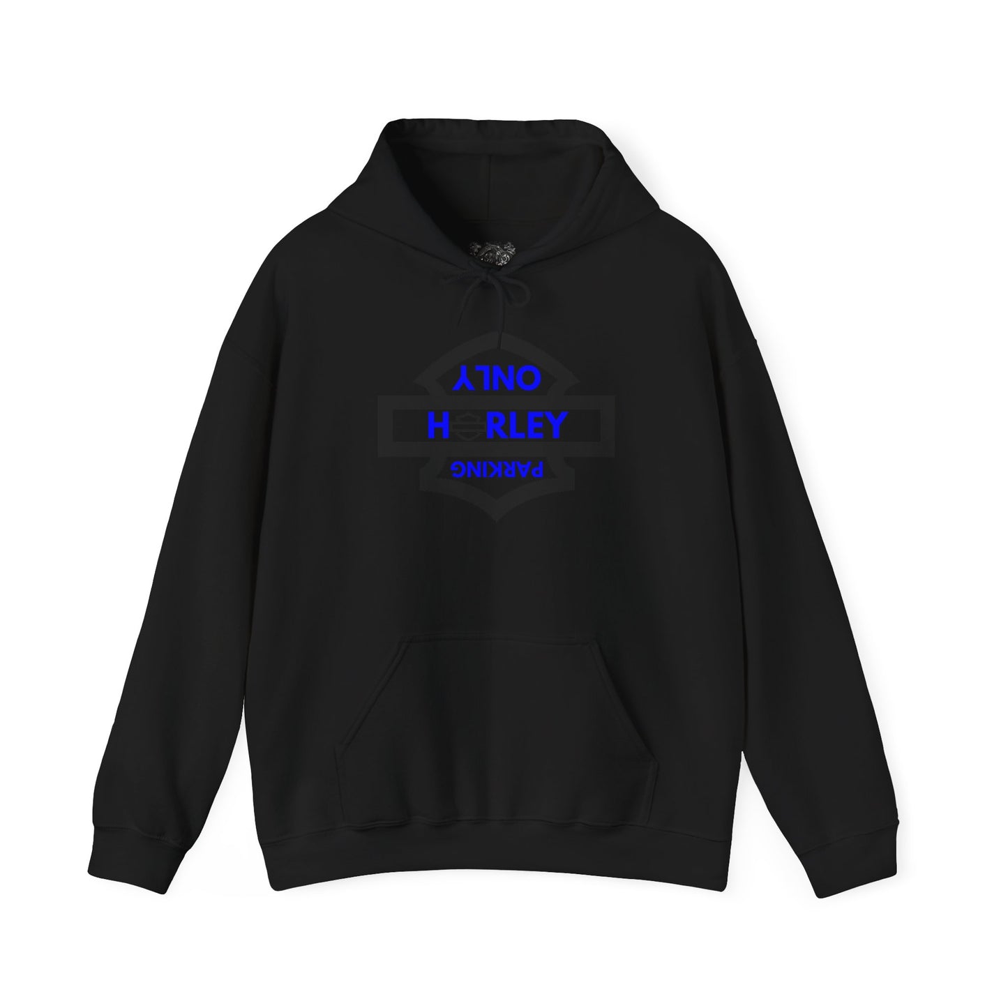 Biker Hoodie: Black Harley Parking Only Upside Down w/Blue Lettering