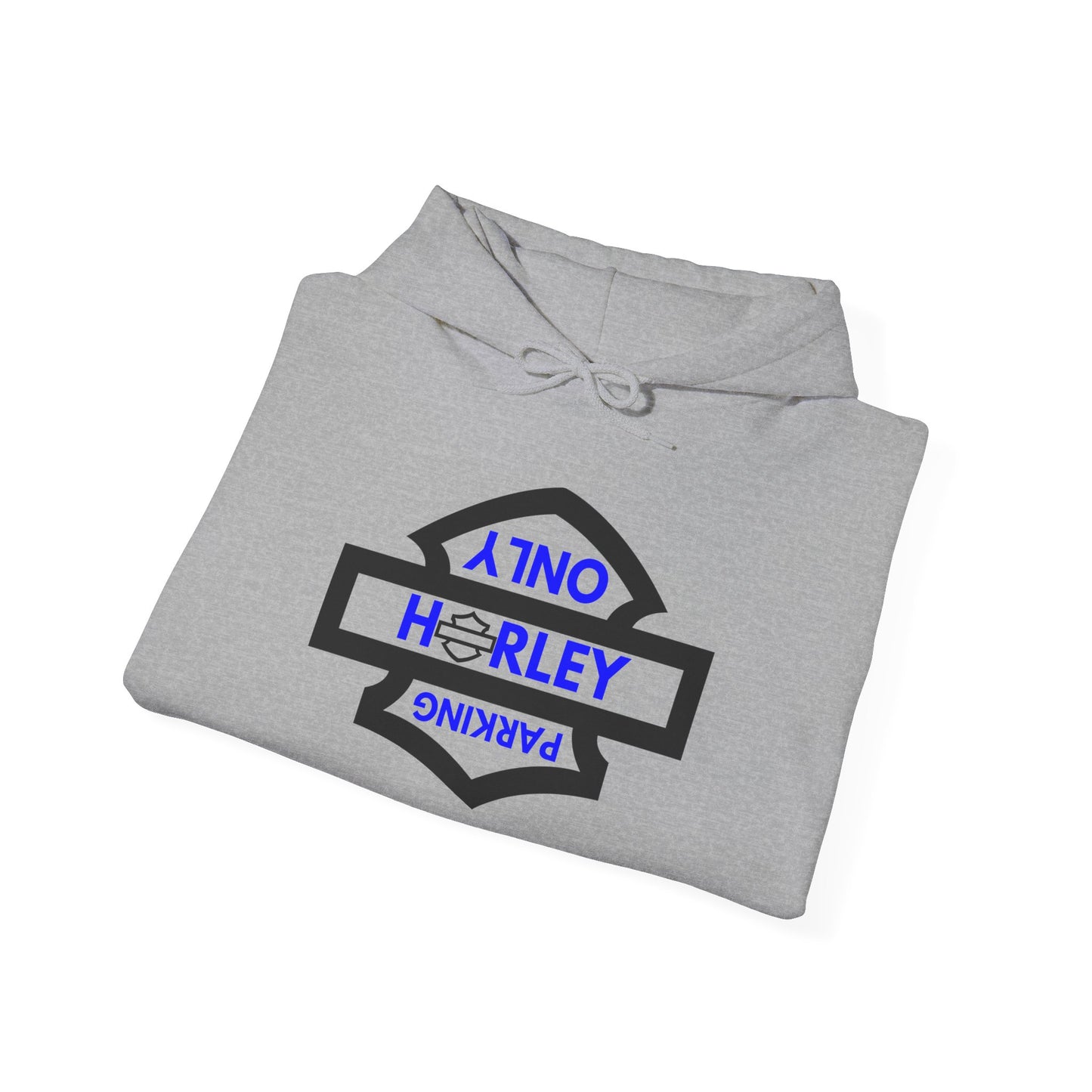 Biker Hoodie: Black Harley Parking Only Upside Down w/Blue Lettering