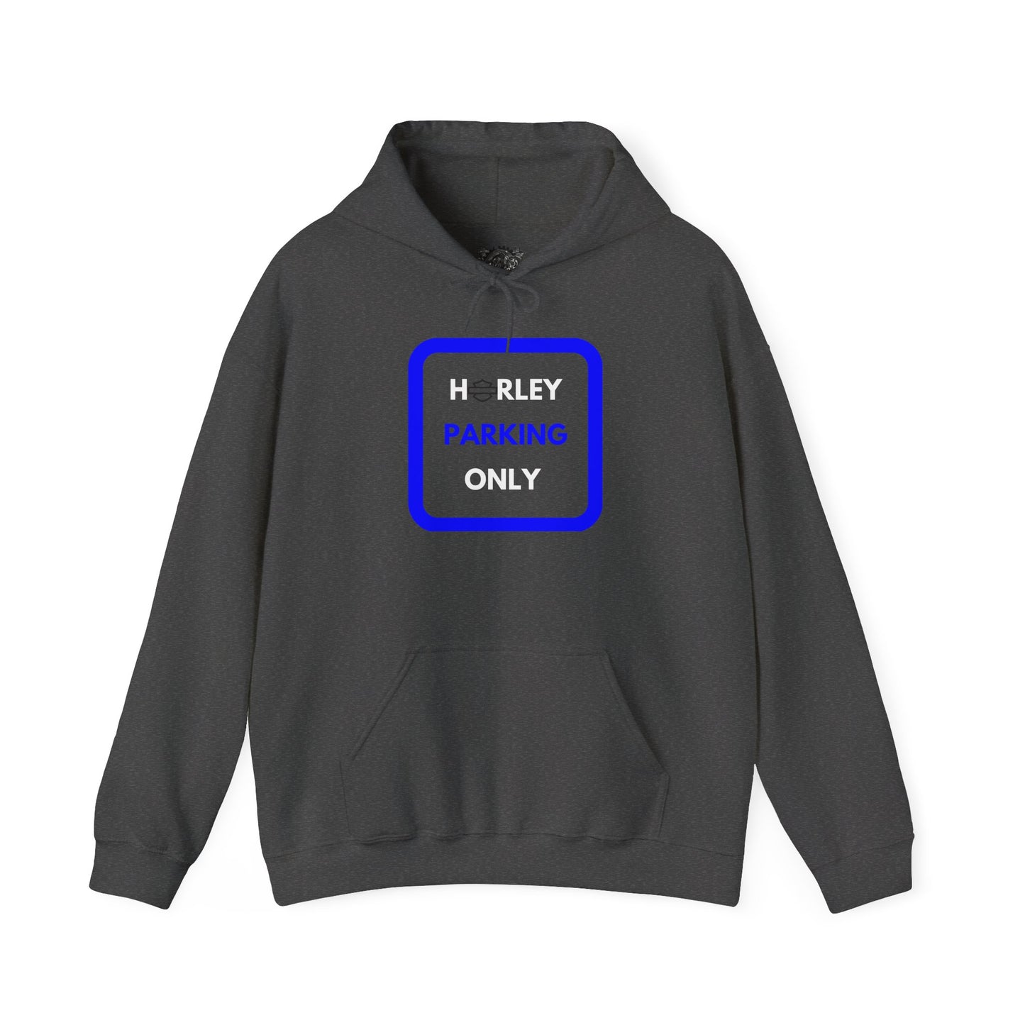 Biker Hoodie: Black Harley Parking Only w/White/Blue Lettering