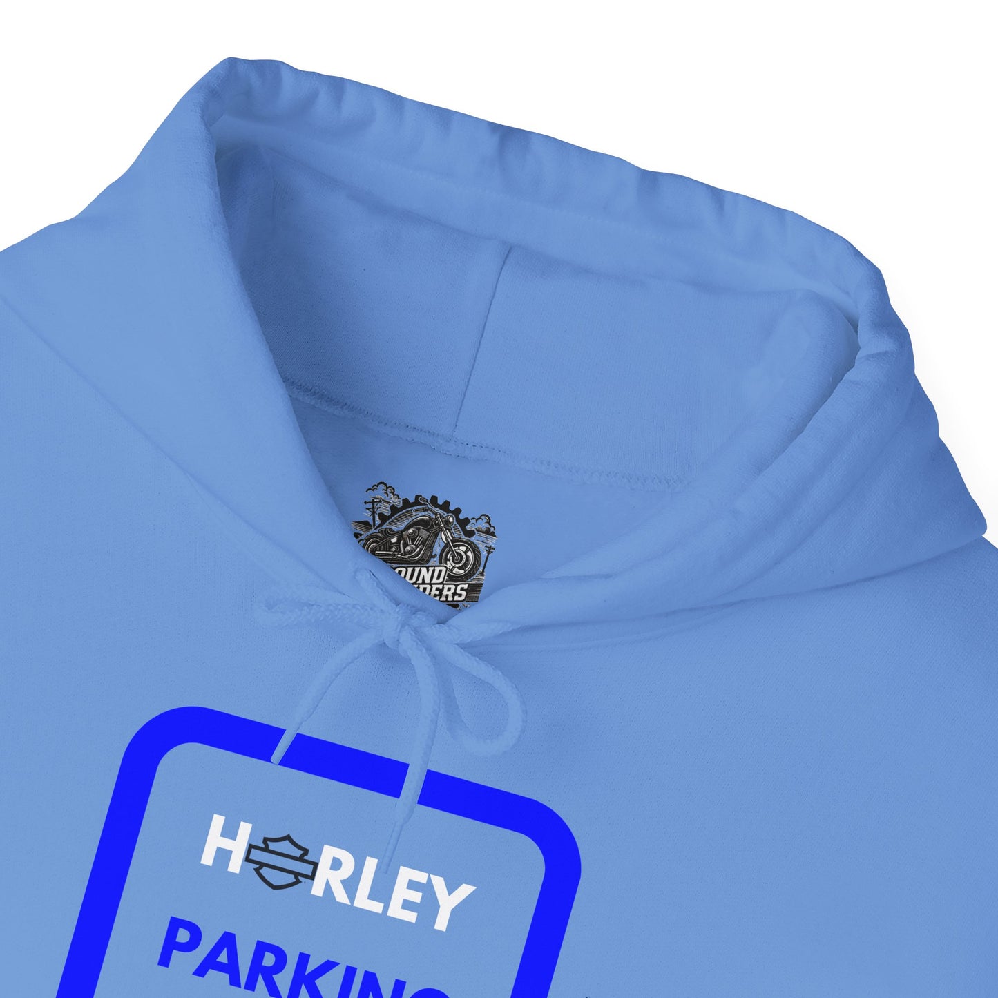 Biker Hoodie: Black Harley Parking Only w/White/Blue Lettering