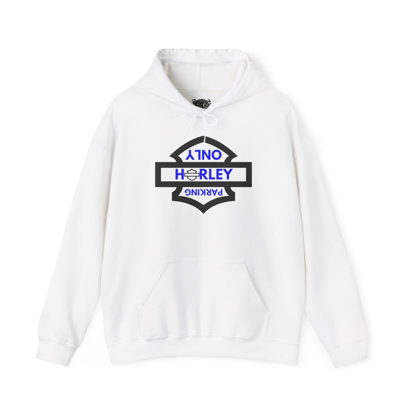 Biker Hoodie: Black Harley Parking Only Upside Down w/Blue Lettering