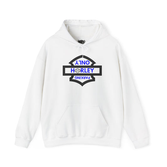 Biker Hoodie: Black Harley Parking Only Upside Down w/Blue Lettering