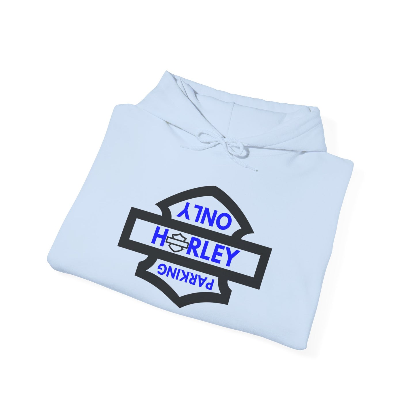 Biker Hoodie: Black Harley Parking Only Upside Down w/Blue Lettering