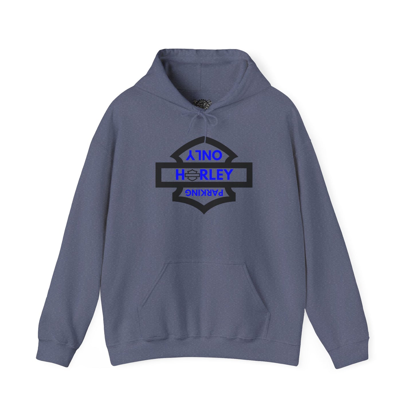 Biker Hoodie: Black Harley Parking Only Upside Down w/Blue Lettering