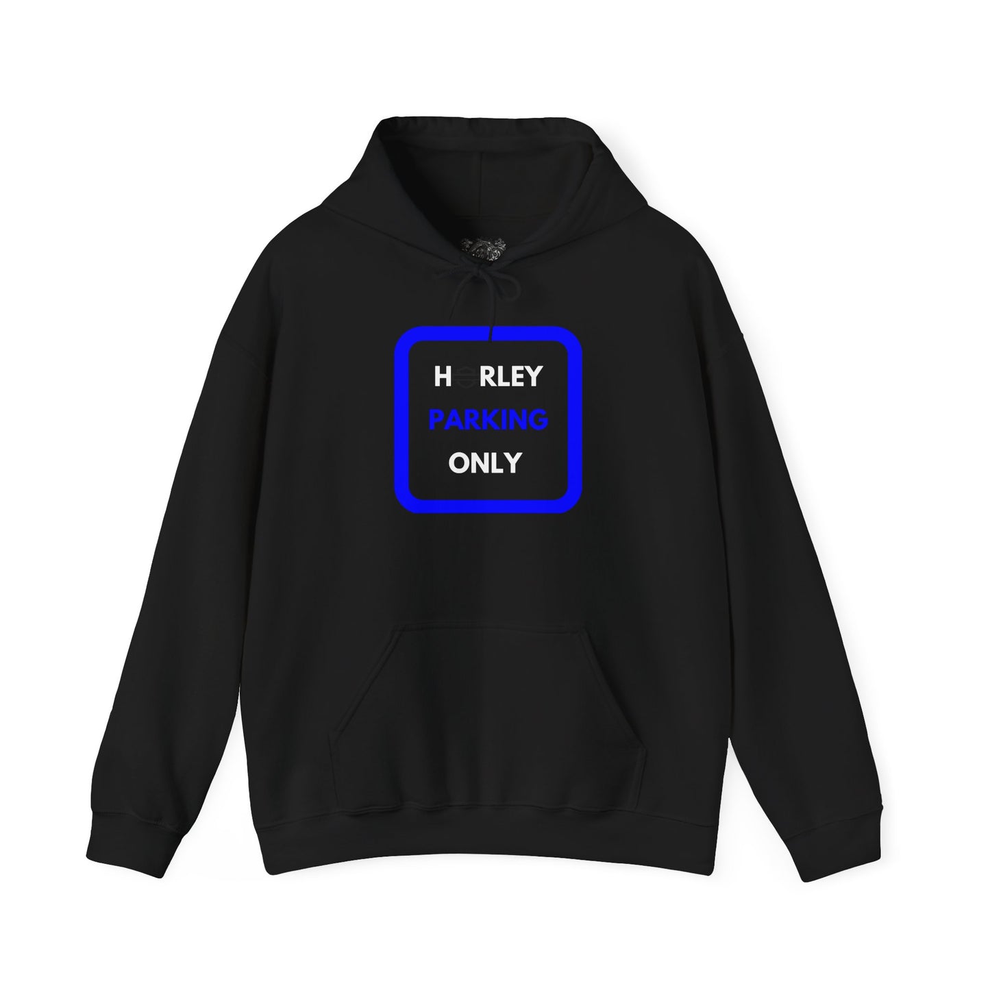 Biker Hoodie: Black Harley Parking Only w/White/Blue Lettering