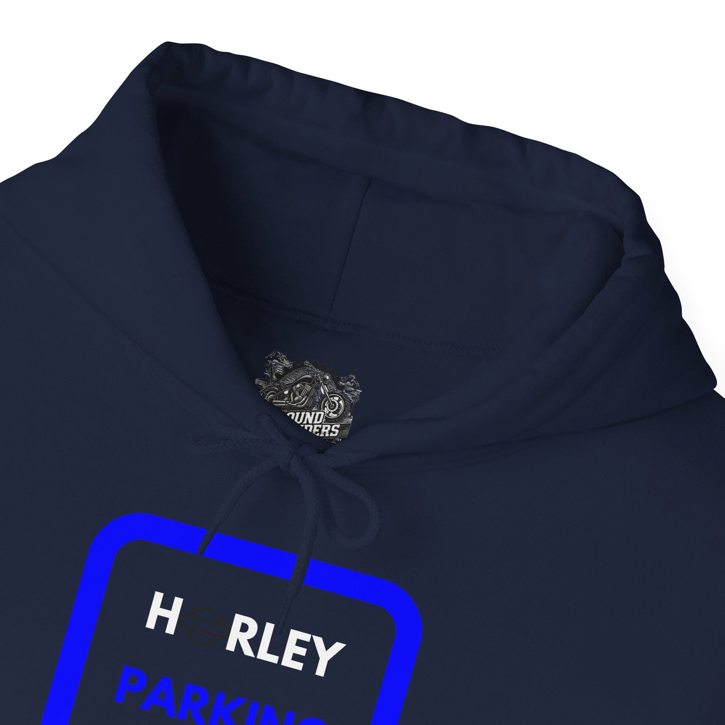 Biker Hoodie: Black Harley Parking Only w/White/Blue Lettering
