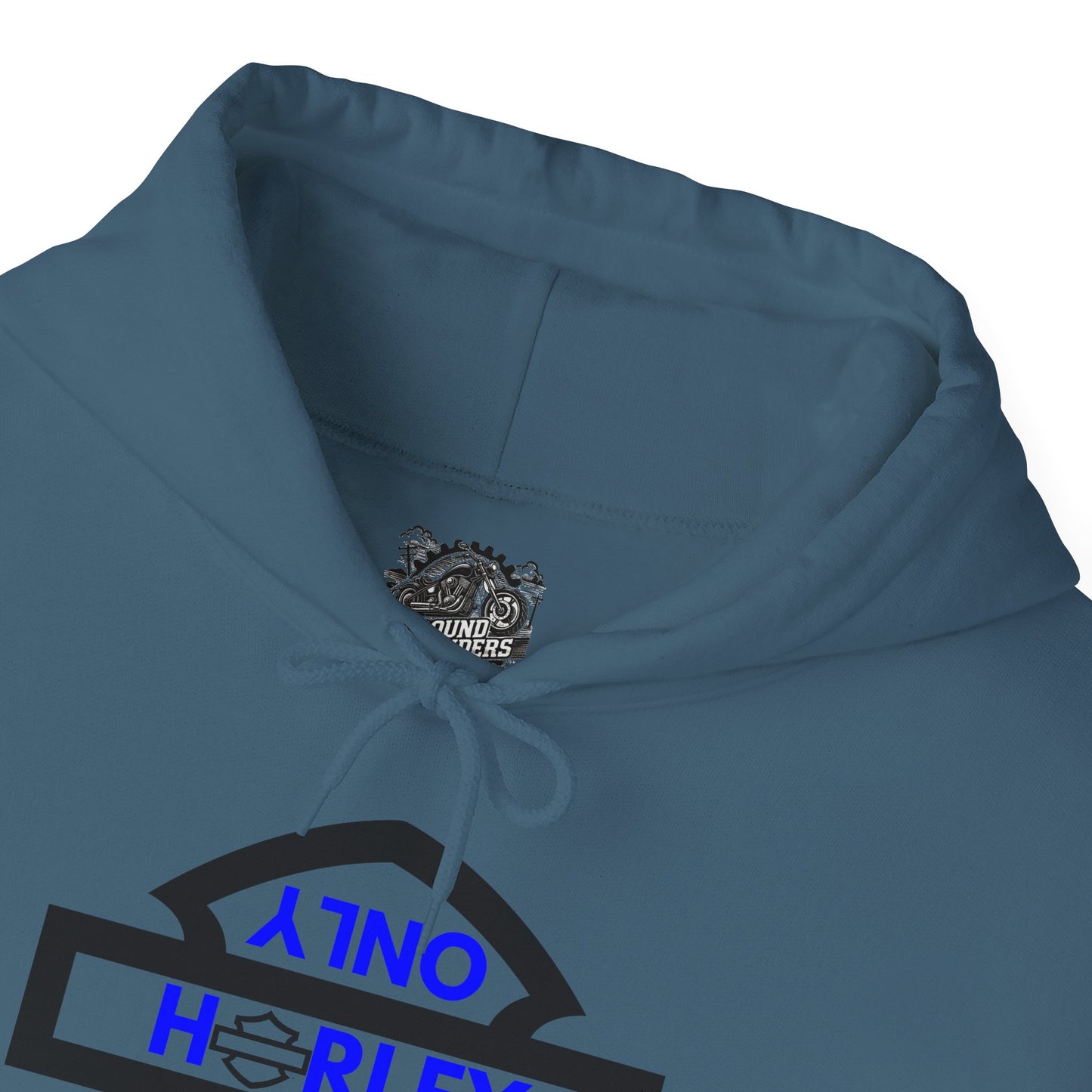 Biker Hoodie: Black Harley Parking Only Upside Down w/Blue Lettering
