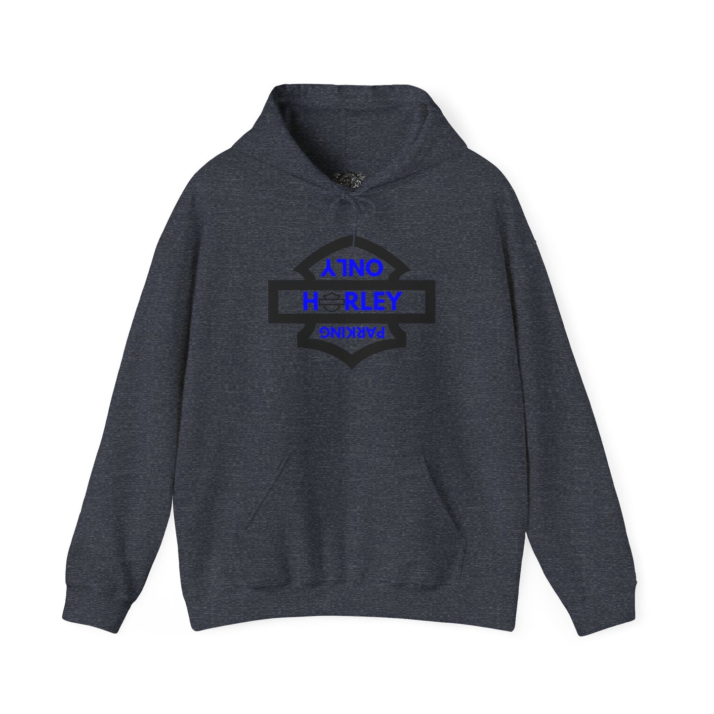 Biker Hoodie: Black Harley Parking Only Upside Down w/Blue Lettering
